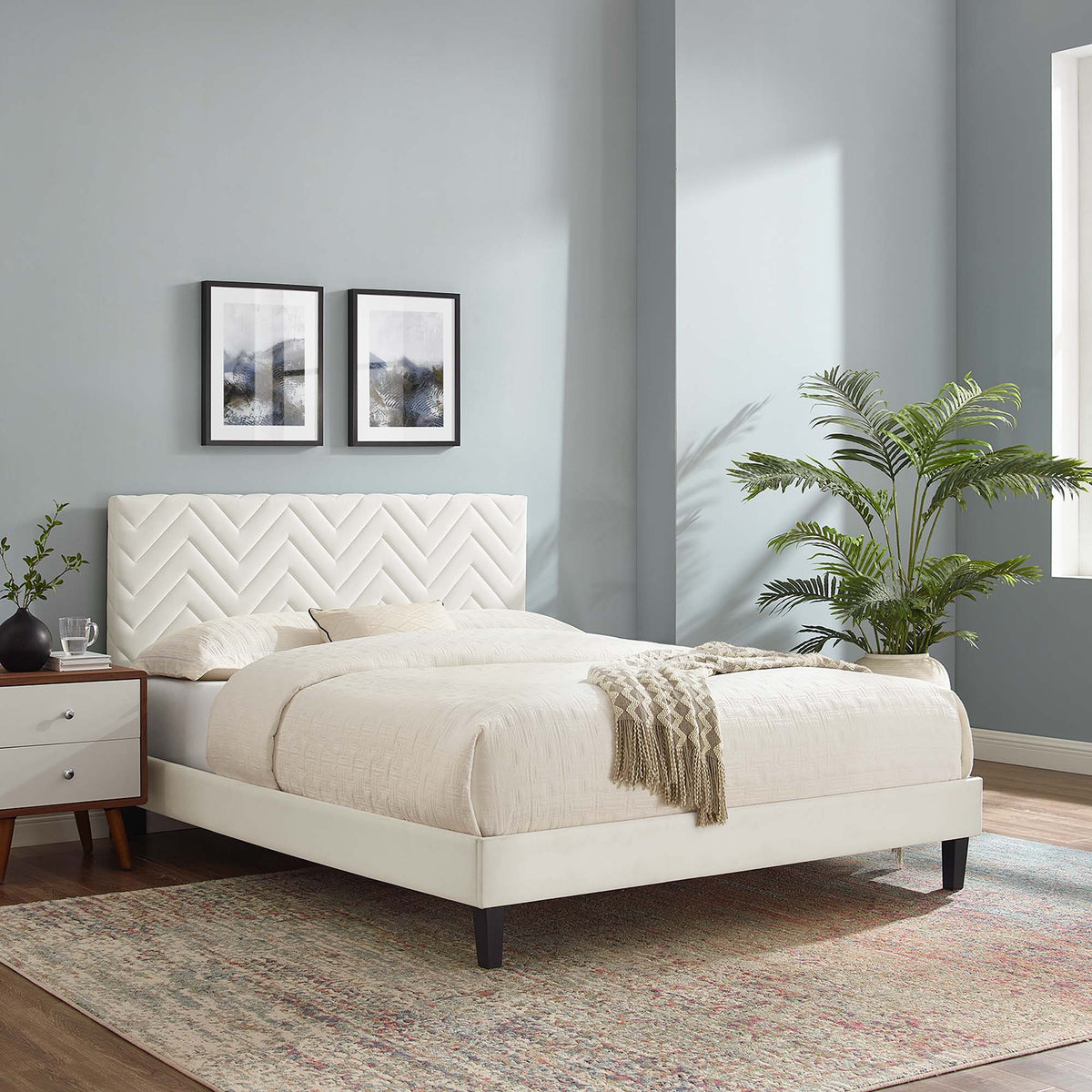 Leah Tapered Wood Leg Chevron Tufted Performance Velvet Queen Platform Bed by Modway