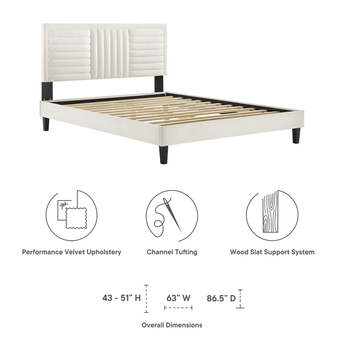 Sofia Tapered Wood Leg Channel Tufted Performance Velvet Queen Platform Bed by Modway