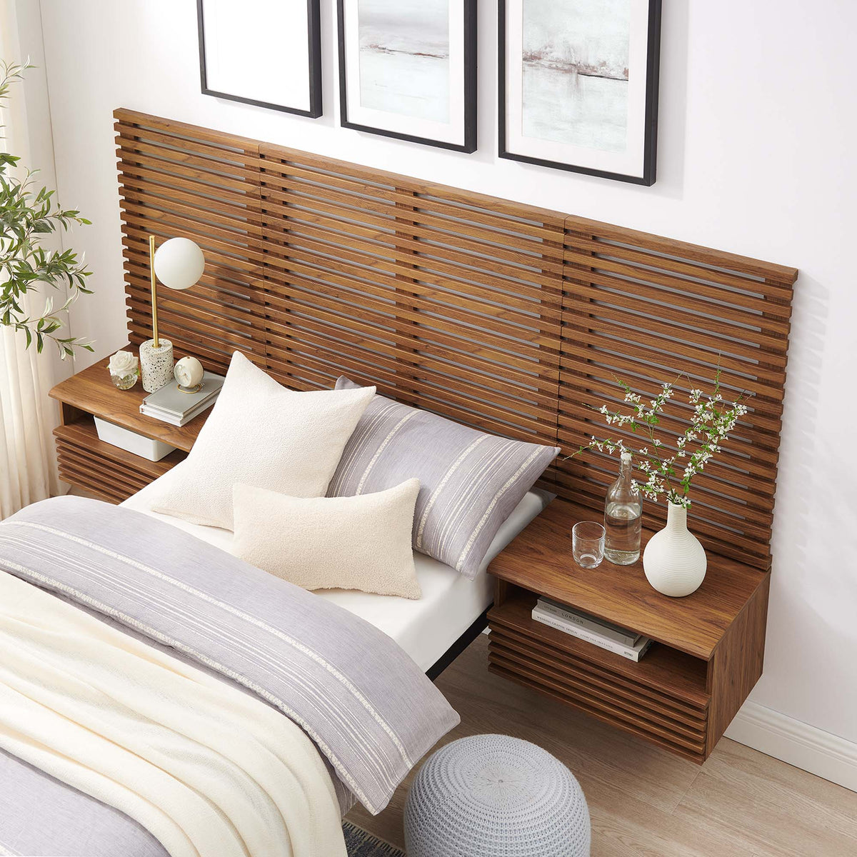 Render Wall Mount Twin Headboard and Modern Nightstands by Modway