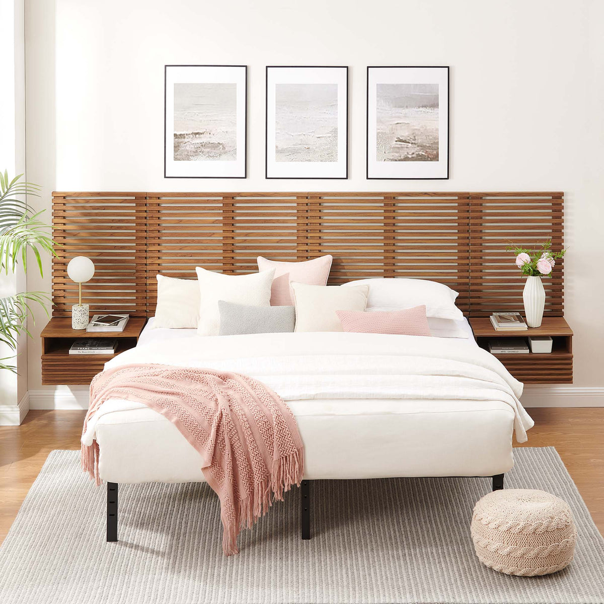 Render Wall Mount King Headboard and Modern Nightstands by Modway