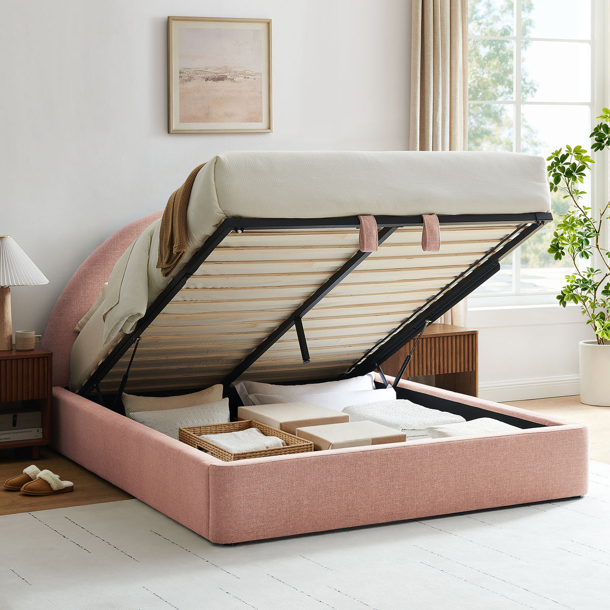 Resort King Arched Upholstered Fabric Storage Platform Bed Frame by Modway