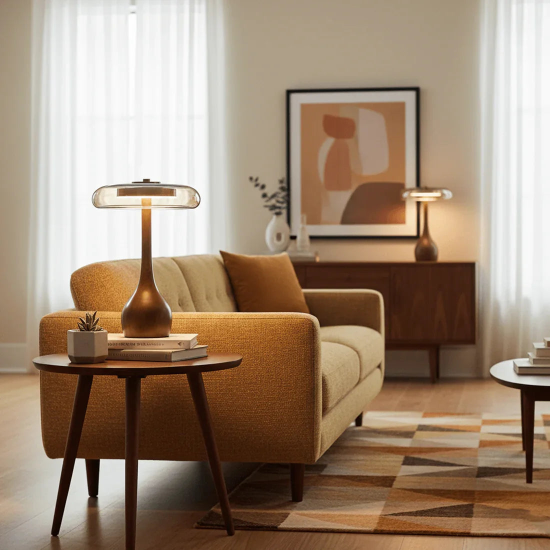 Mid Century Wood Glass Table Lamp LED Dimmable Walnut Disc Light