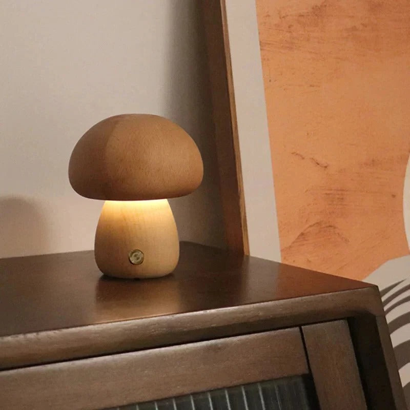 Mushroom Bedside Lamp – Touch-Controlled Dimmable Beech Wood Nightstand Light