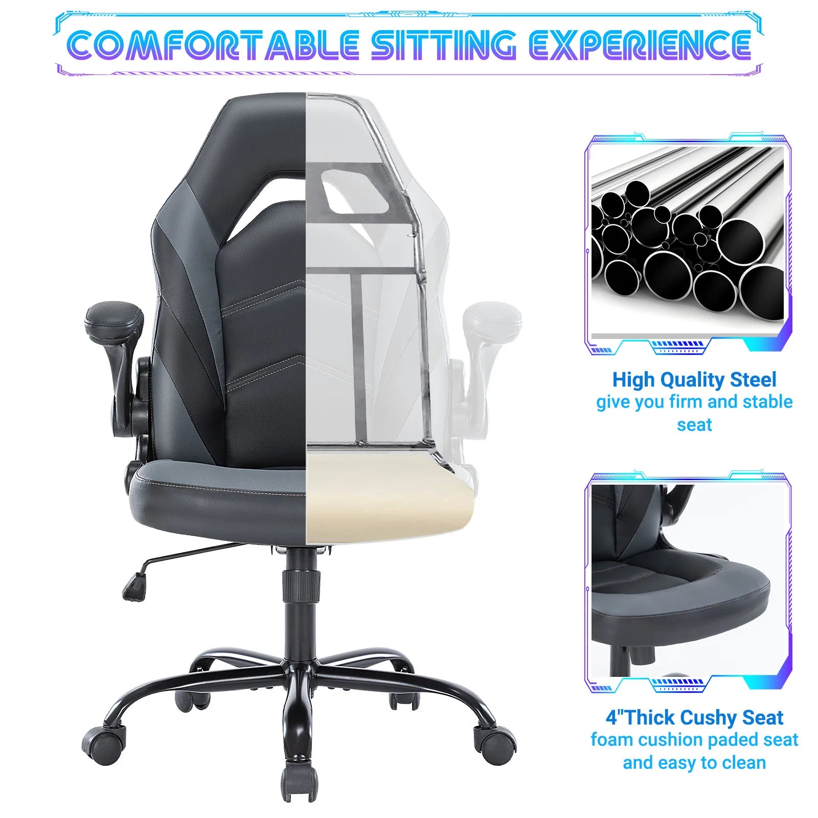 Ergonomic PU Leather Gaming Chair Adjustable Office Desk Chair Flip-Up Armrests