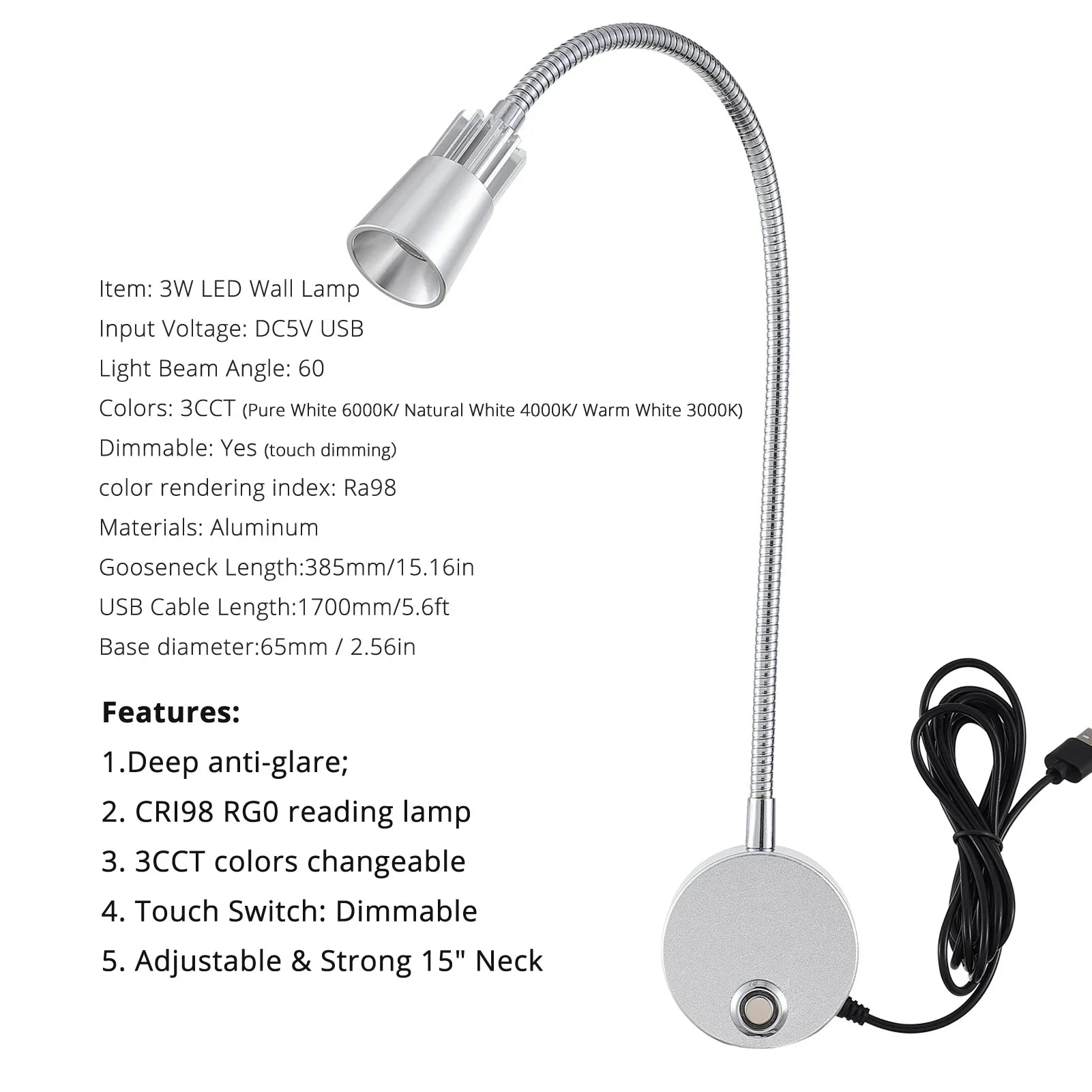 USB Wall Reading Lamp Dimmable Gooseneck Bedside Light 3CCT CRI98