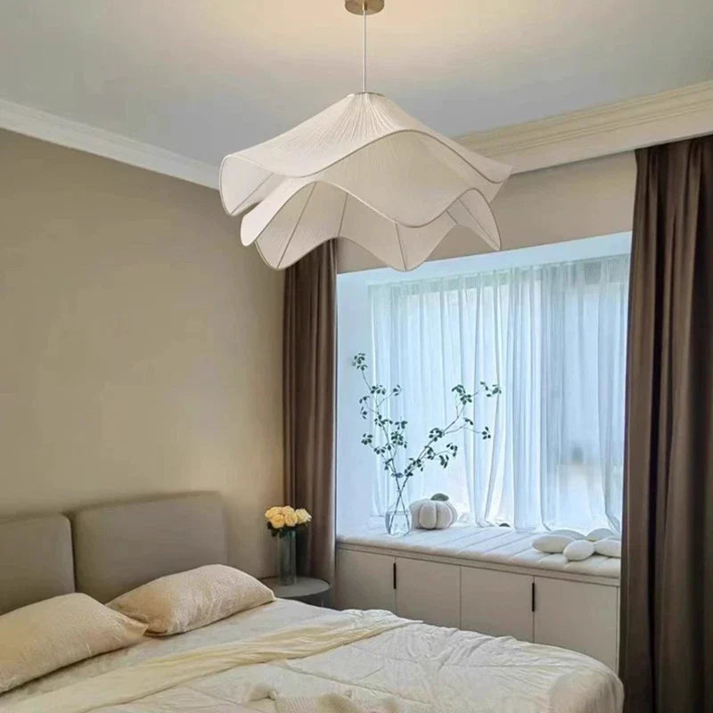 Nordic LED Pendant Lamp White Fabric Flower Chandelier Living Room Bedroom Decor