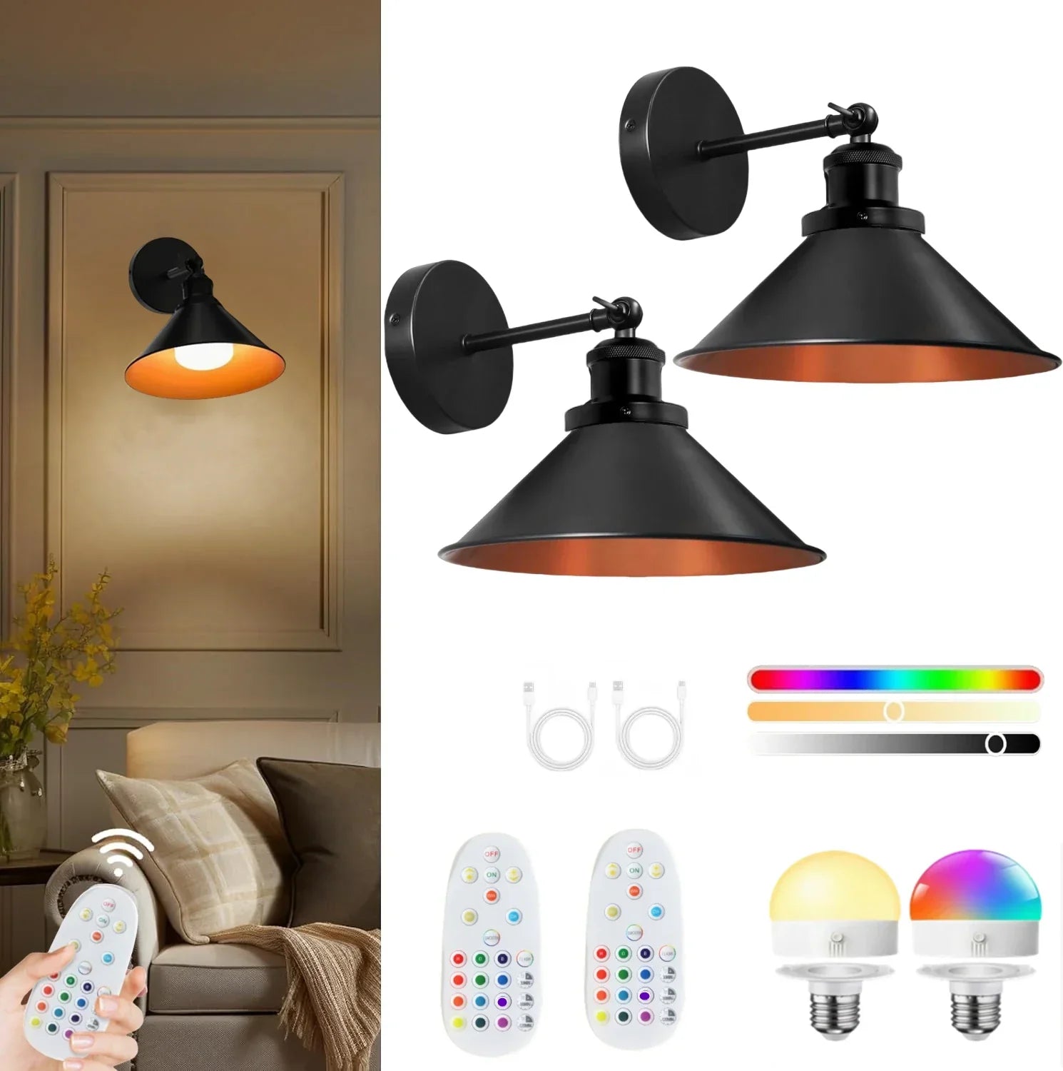 Wireless Rechargeable Wall Light Remote Control Dimmable RGB LED Lamp 15 Color