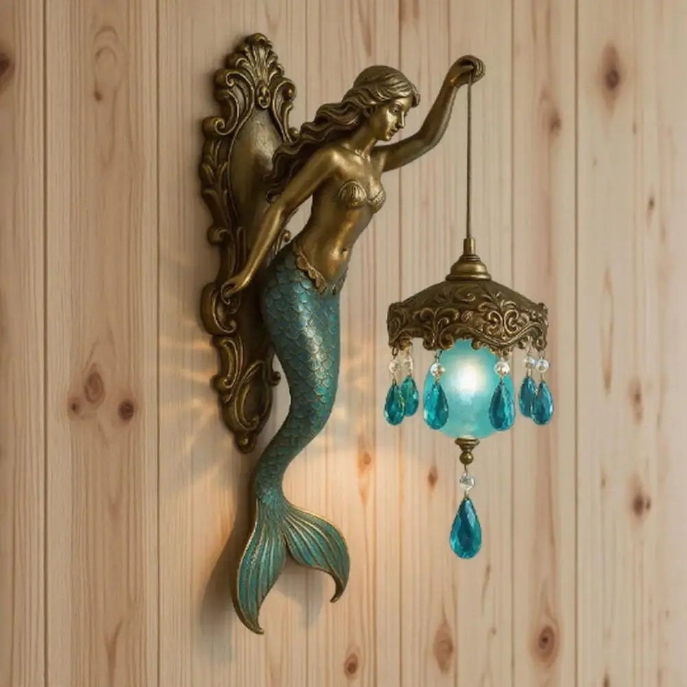 Vintage Mermaid Wall Lamp Resin Virgin Mary Statue Night Light Home Decor
