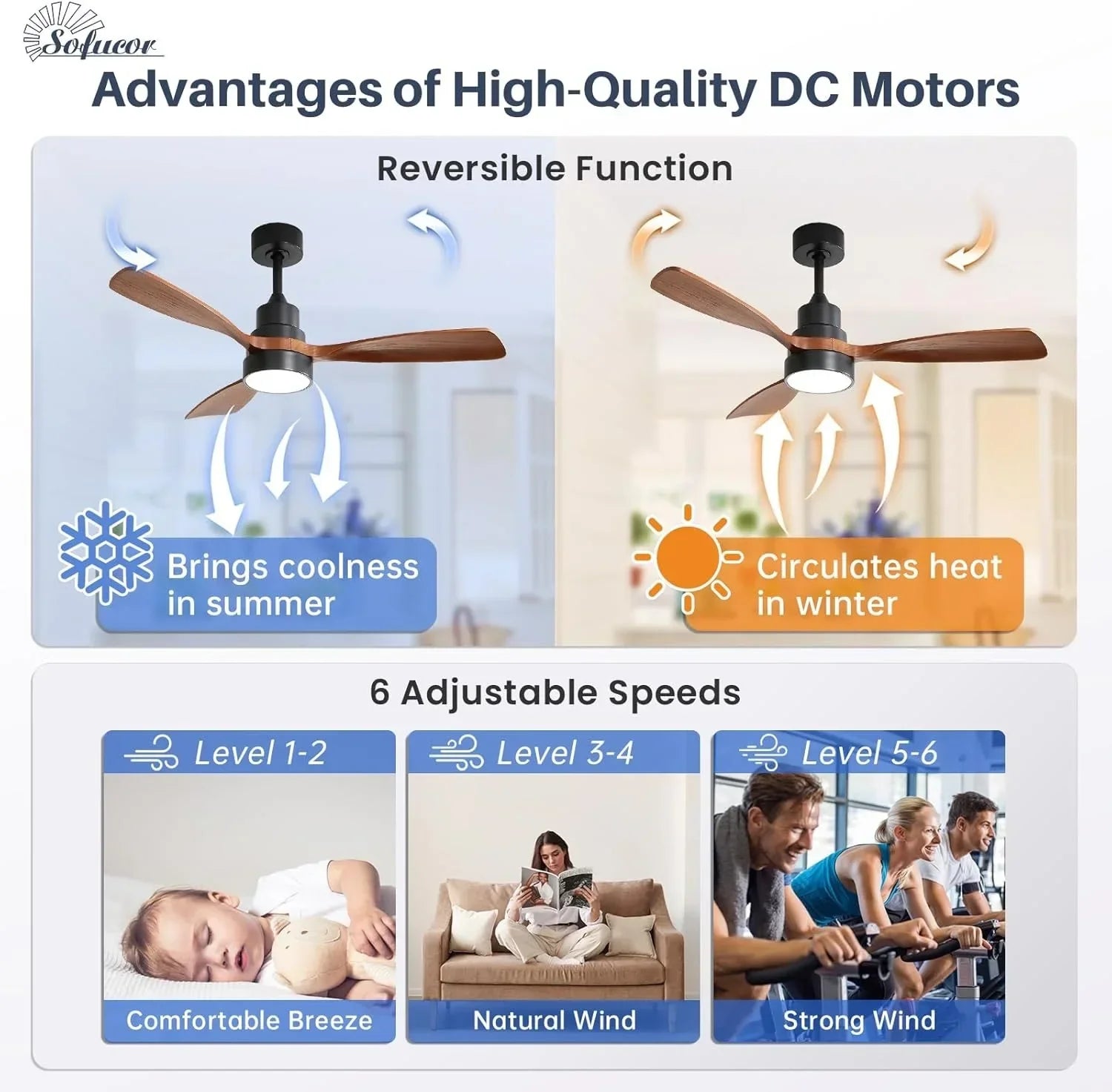 48 Inch Smart Wood Ceiling Fan with LED Light Remote 6-Speed DC