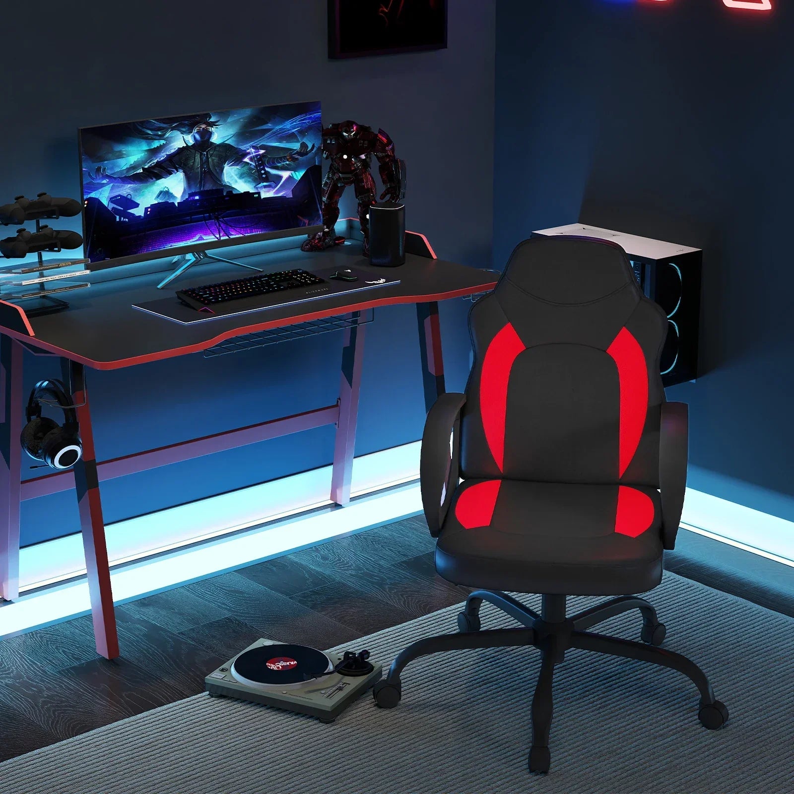 Ergonomic PU Leather Gaming Chair Swivel Adjustable Office Desk Chair Red