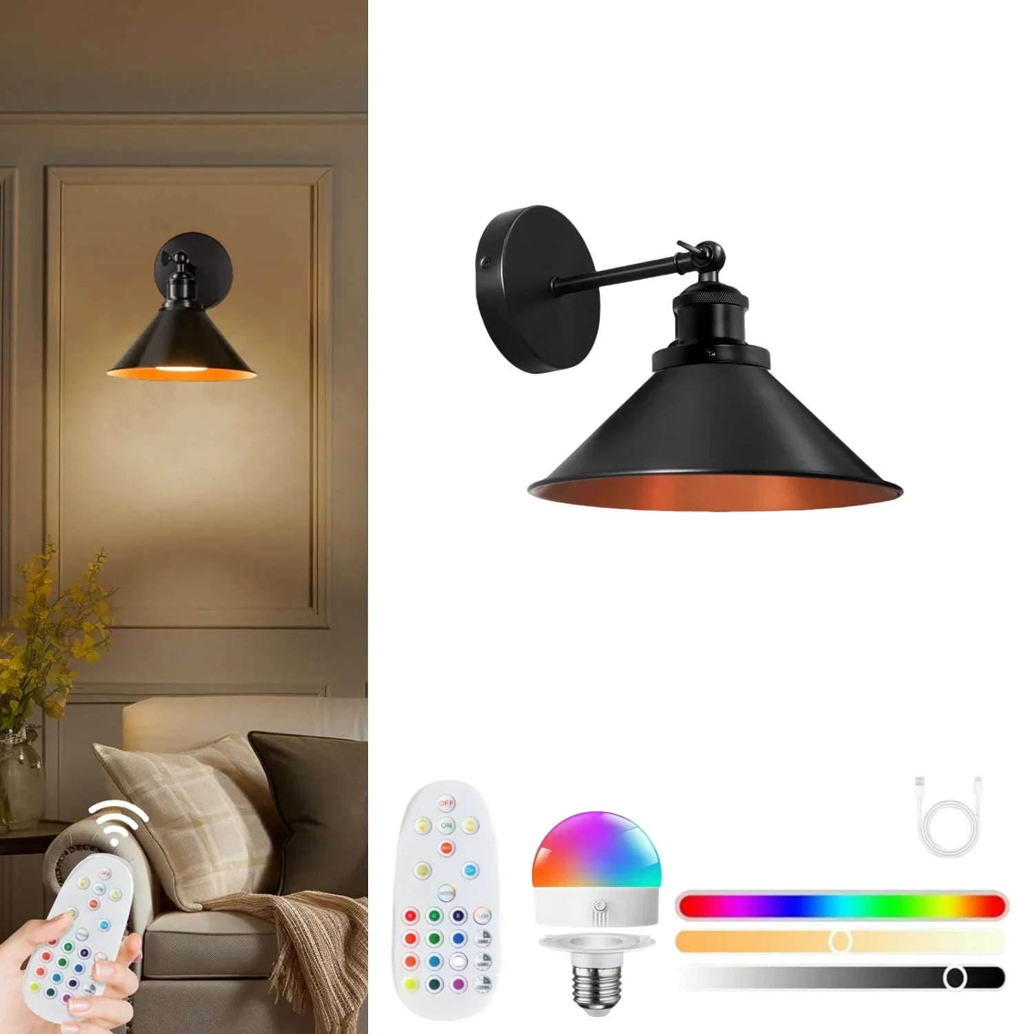 Wireless Rechargeable Wall Light Remote Control Dimmable RGB LED Lamp 15 Color