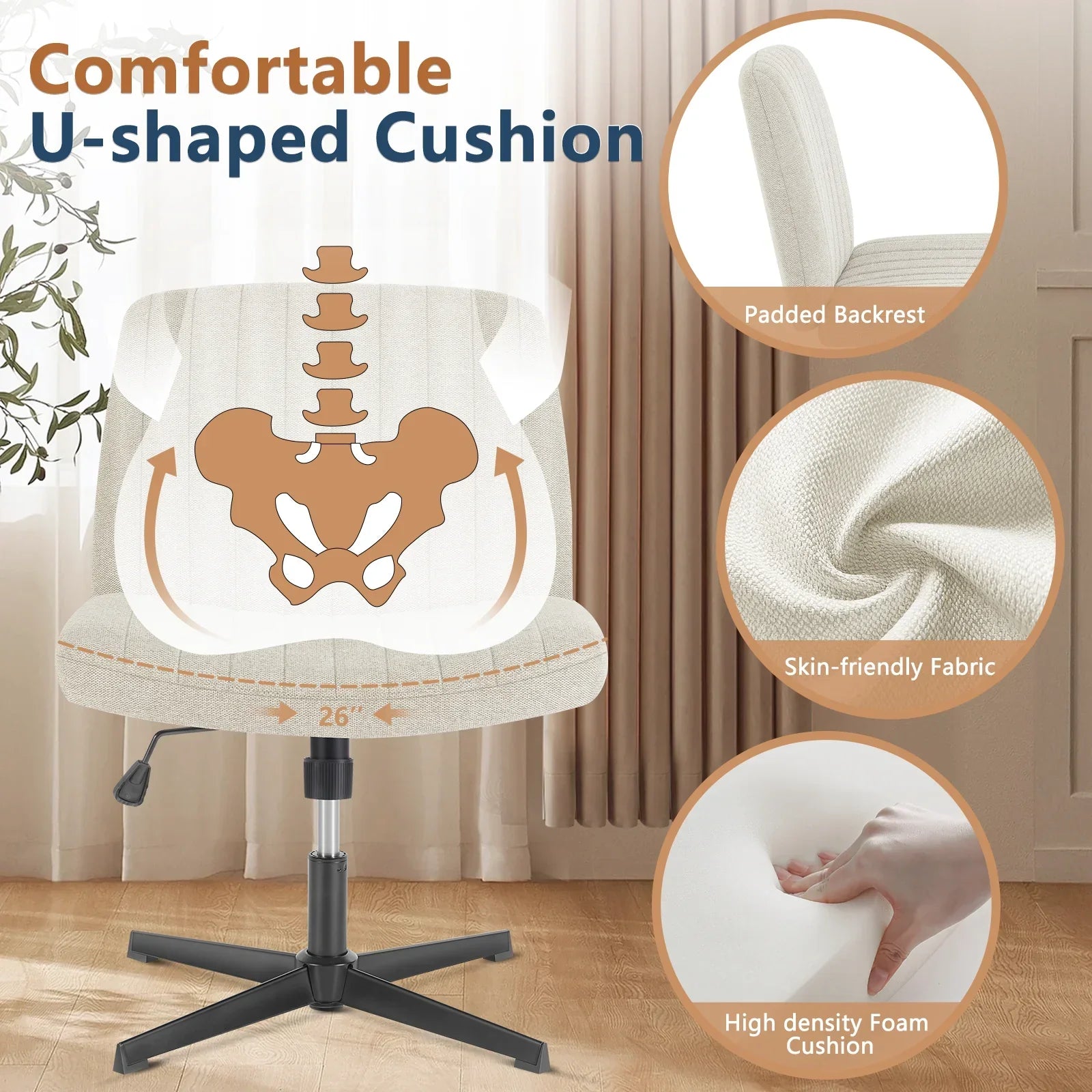 Cross Legged Office Chair Armless Wide Seat Swivel Fabric Desk Vanity Chair