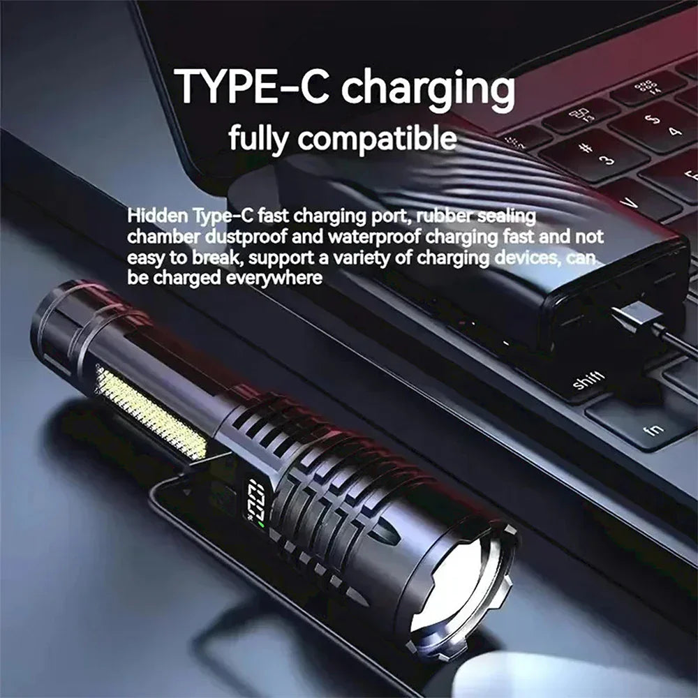 High Power LED Flashlight TYPE-C Rechargeable COB Torch Outdoor Camping Hiking Light