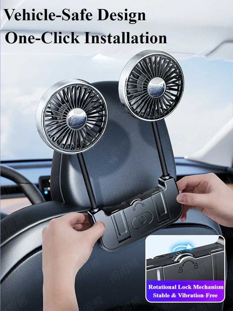 Car Rear Seat Fan Dual Head USB-C 360° Rotation 3-Speed