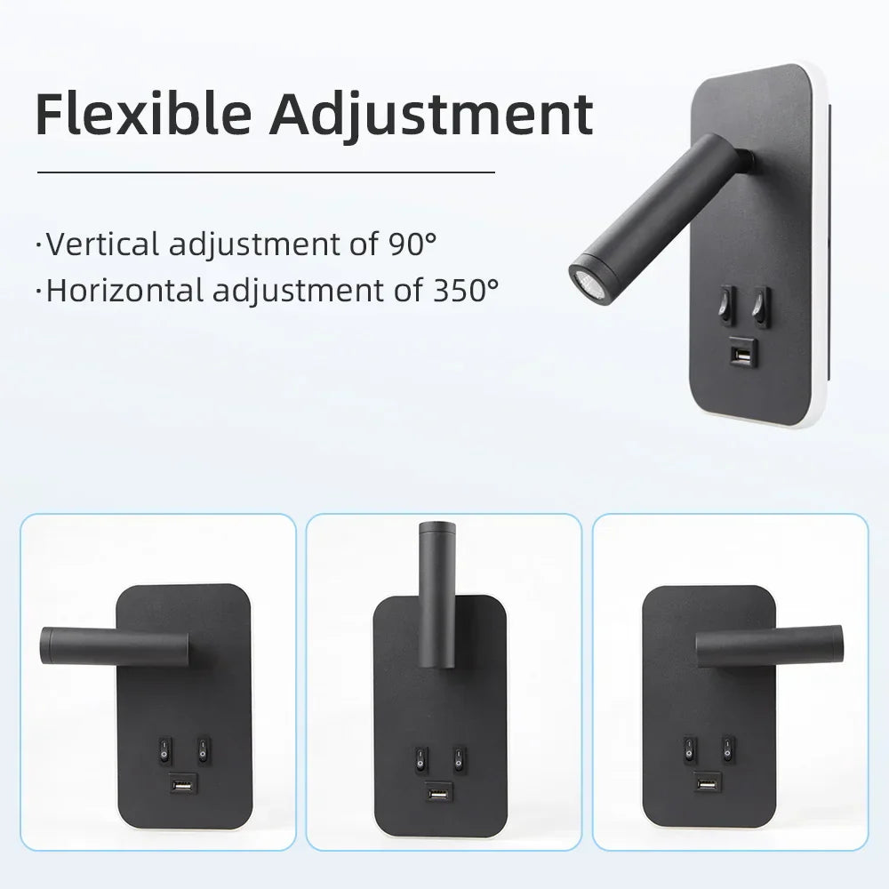 Bedside LED Wall Reading Lamp with USB Port Switch Rotatable Wall Sconce