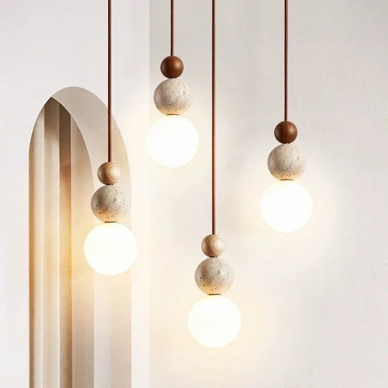 Wabi Sabi LED Pendant Light Stone Wood Modern Chandelier for Living Room
