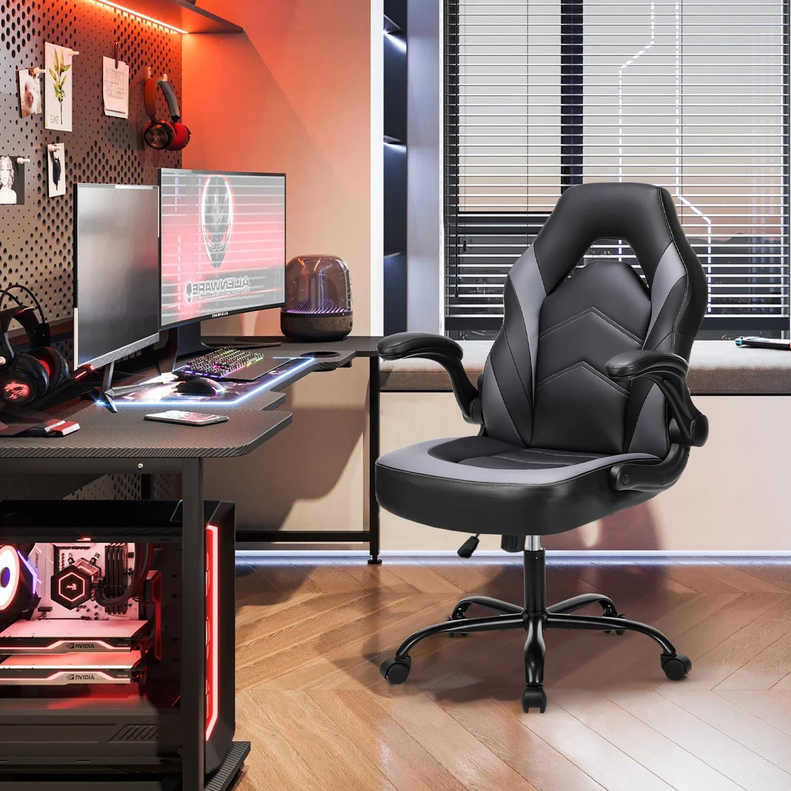 Ergonomic PU Leather Gaming Chair Adjustable Office Desk Chair Flip-Up Armrests