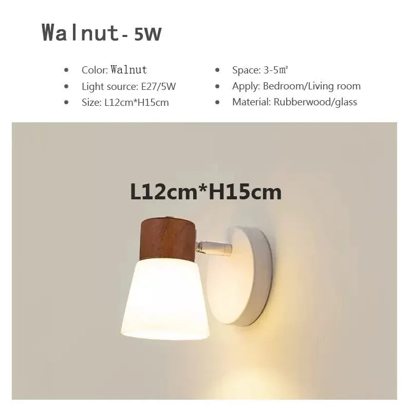 Minimalist Wooden Wall Lamp Double Head Glass Bedside Sconce Bedroom