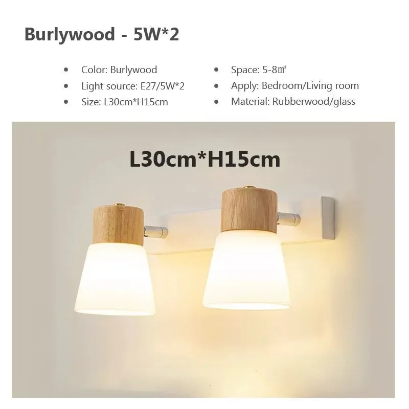 Minimalist Wooden Wall Lamp Double Head Glass Bedside Sconce Bedroom