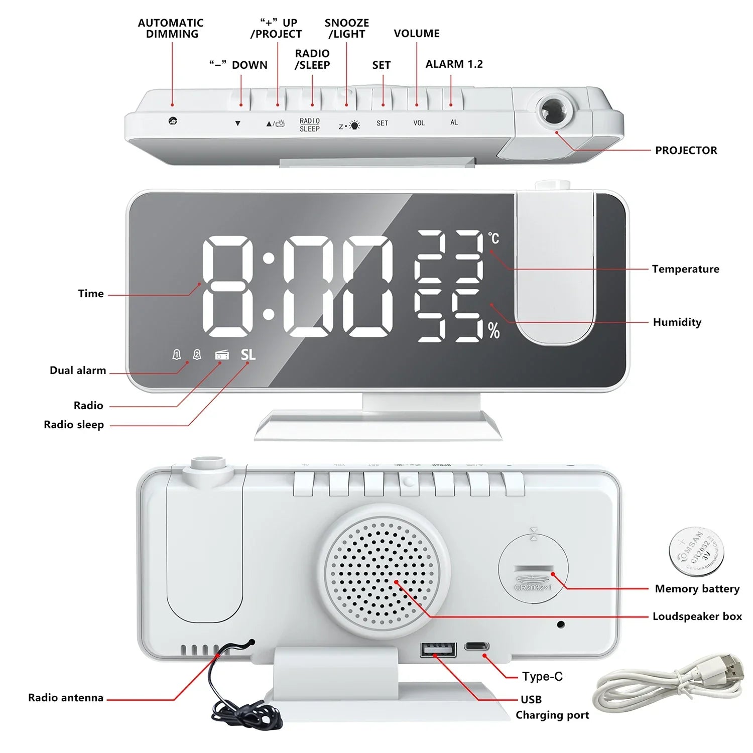HD Projection Alarm Clock Large LED Display Digital Smart Radio Auto Dimming