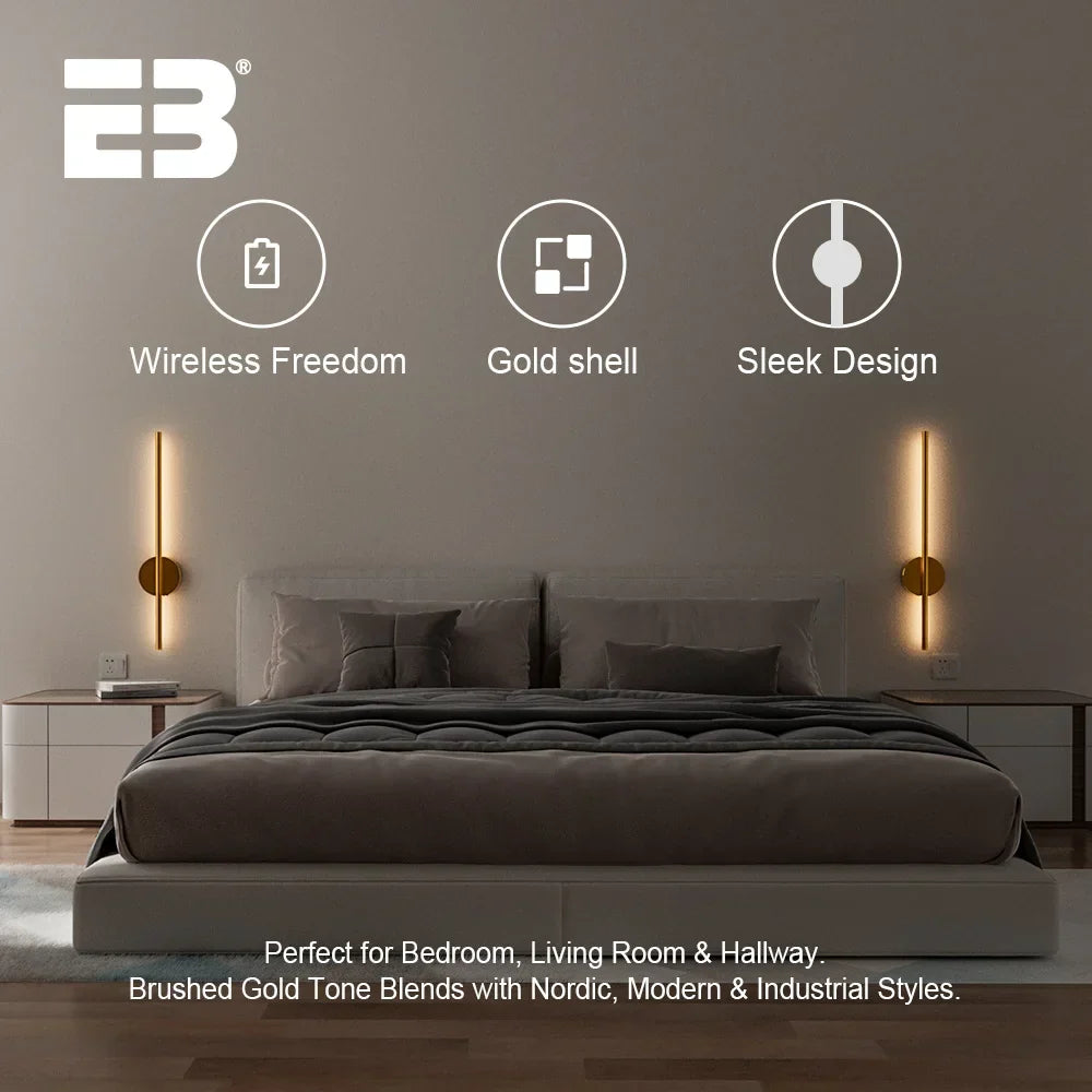 Wireless LED Wall Sconces 2 Pack USB Rechargeable Battery Gold Indoor Light