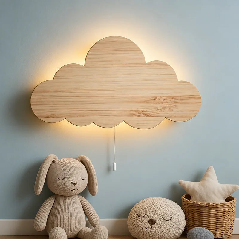 Modern LED Wall Light Wooden Cloud Dimmable Bedroom Bedside Eye Protection Lamp