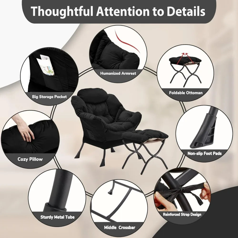 Velvet Lazy Chair with Folding Ottoman Accent Armchair Non-Slip Metal Frame