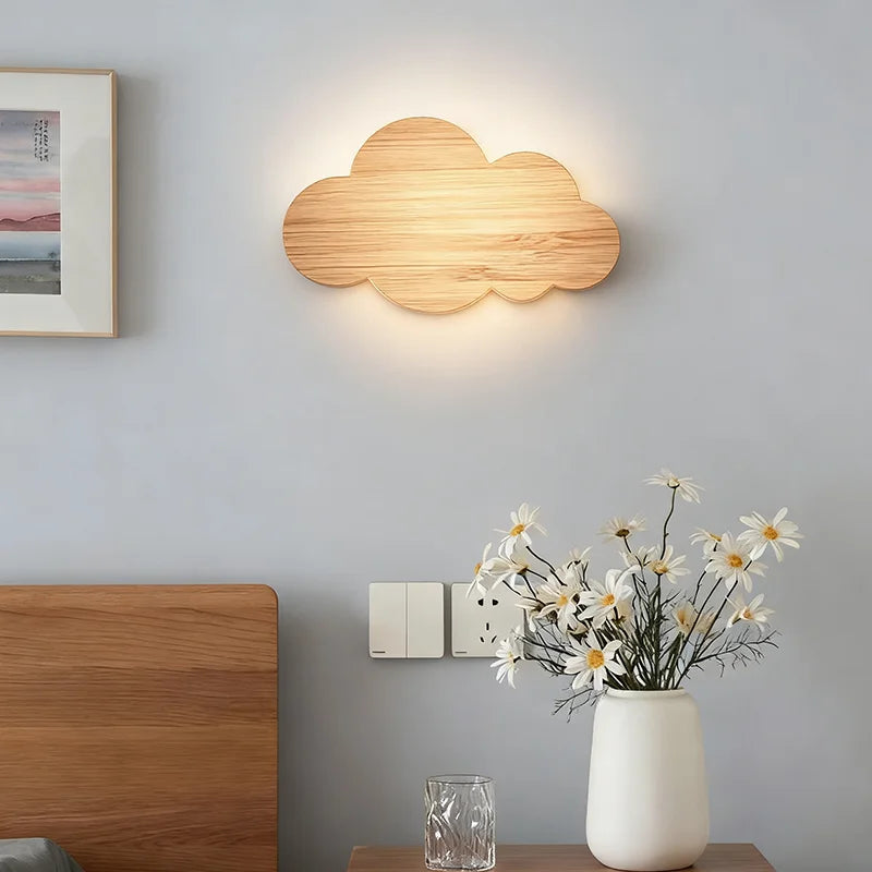 Modern LED Wall Light Wooden Cloud Dimmable Bedroom Bedside Eye Protection Lamp