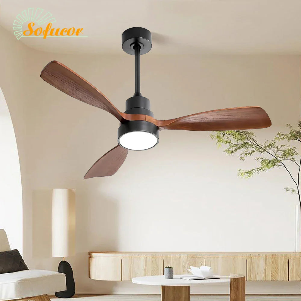 48 Inch Smart Wood Ceiling Fan with LED Light Remote 6-Speed DC