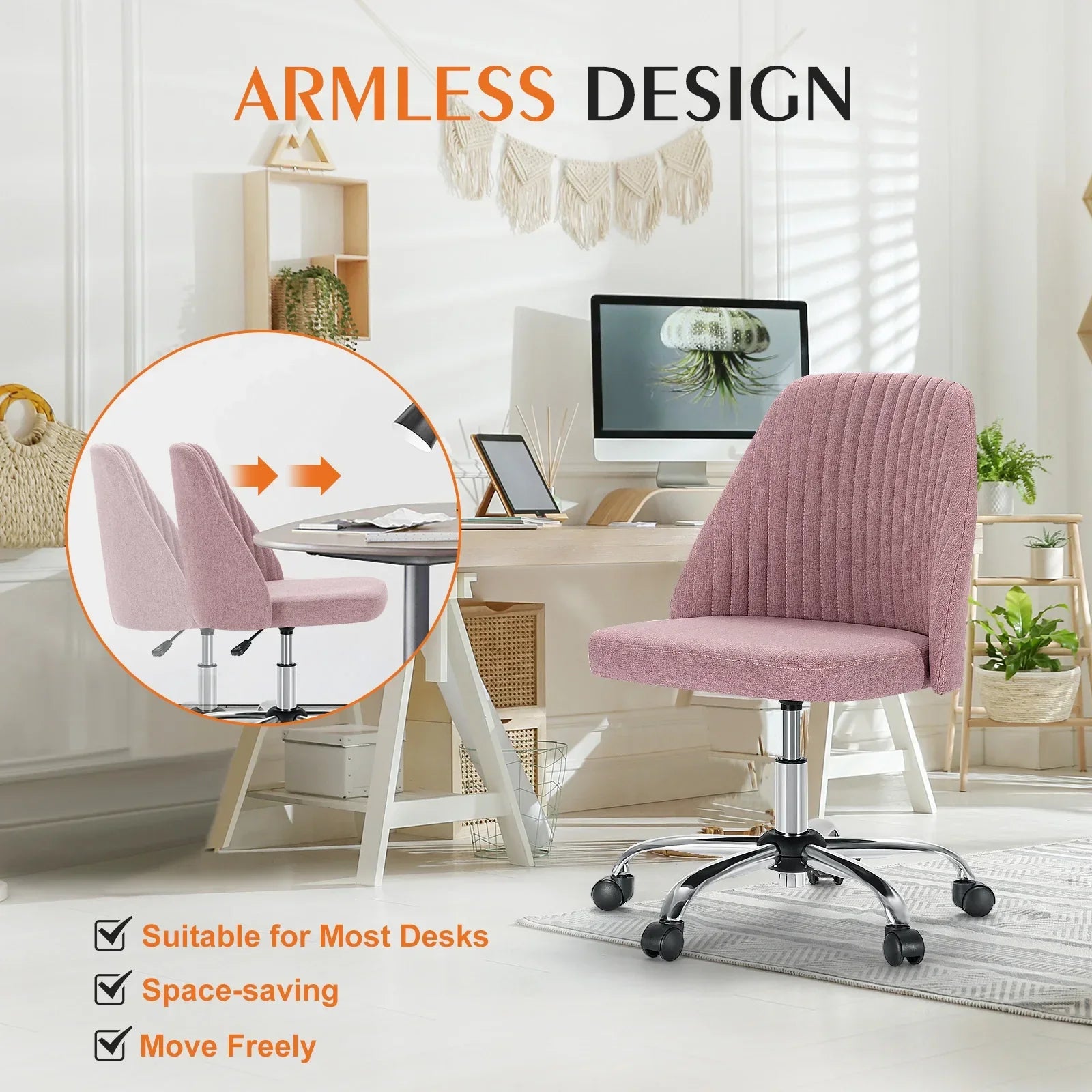 Armless Small Desk Office Chair Swivel Vanity Task Chair with Back and Wheels