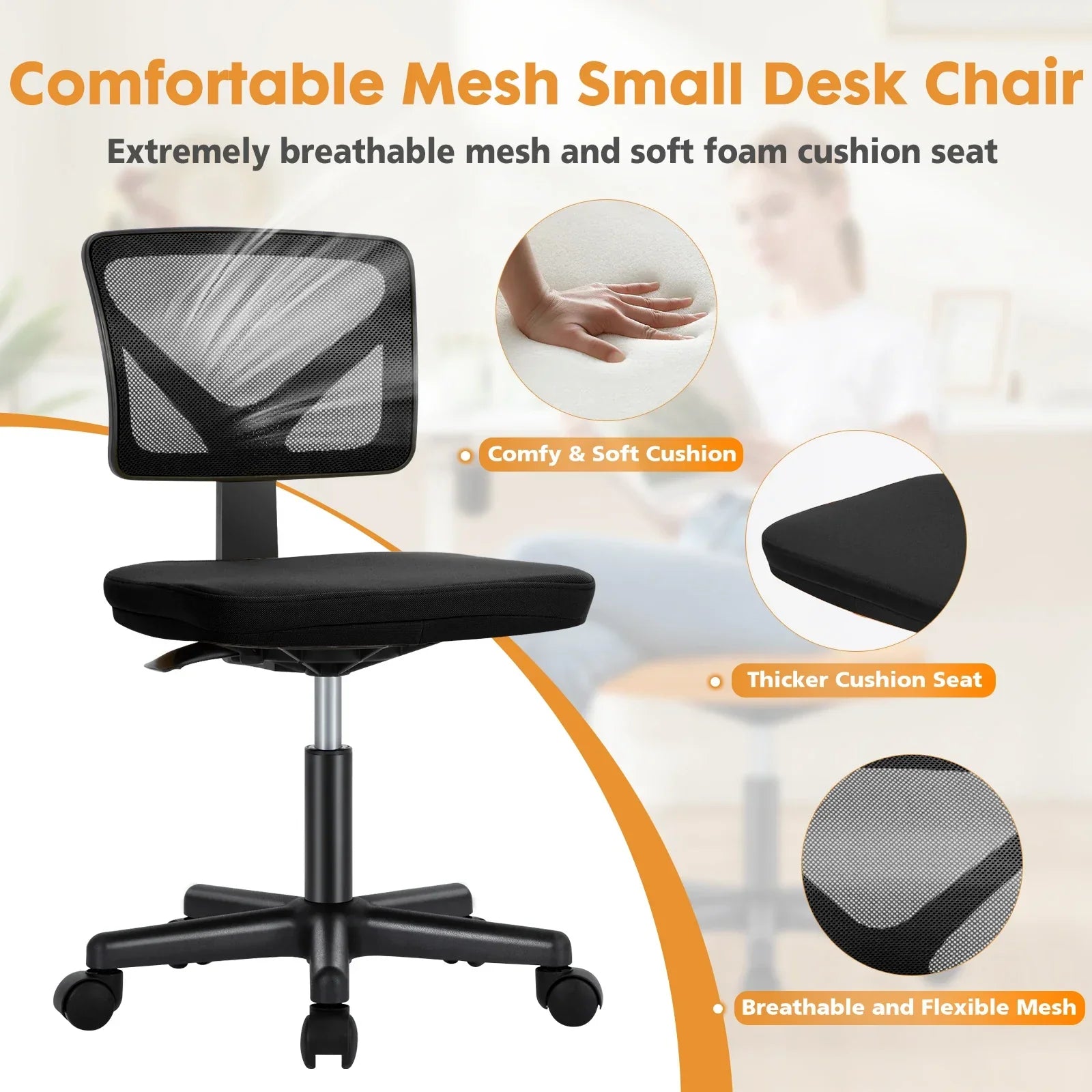 Armless Mesh Office Chair Low Back Adjustable Height Swivel Computer Chair