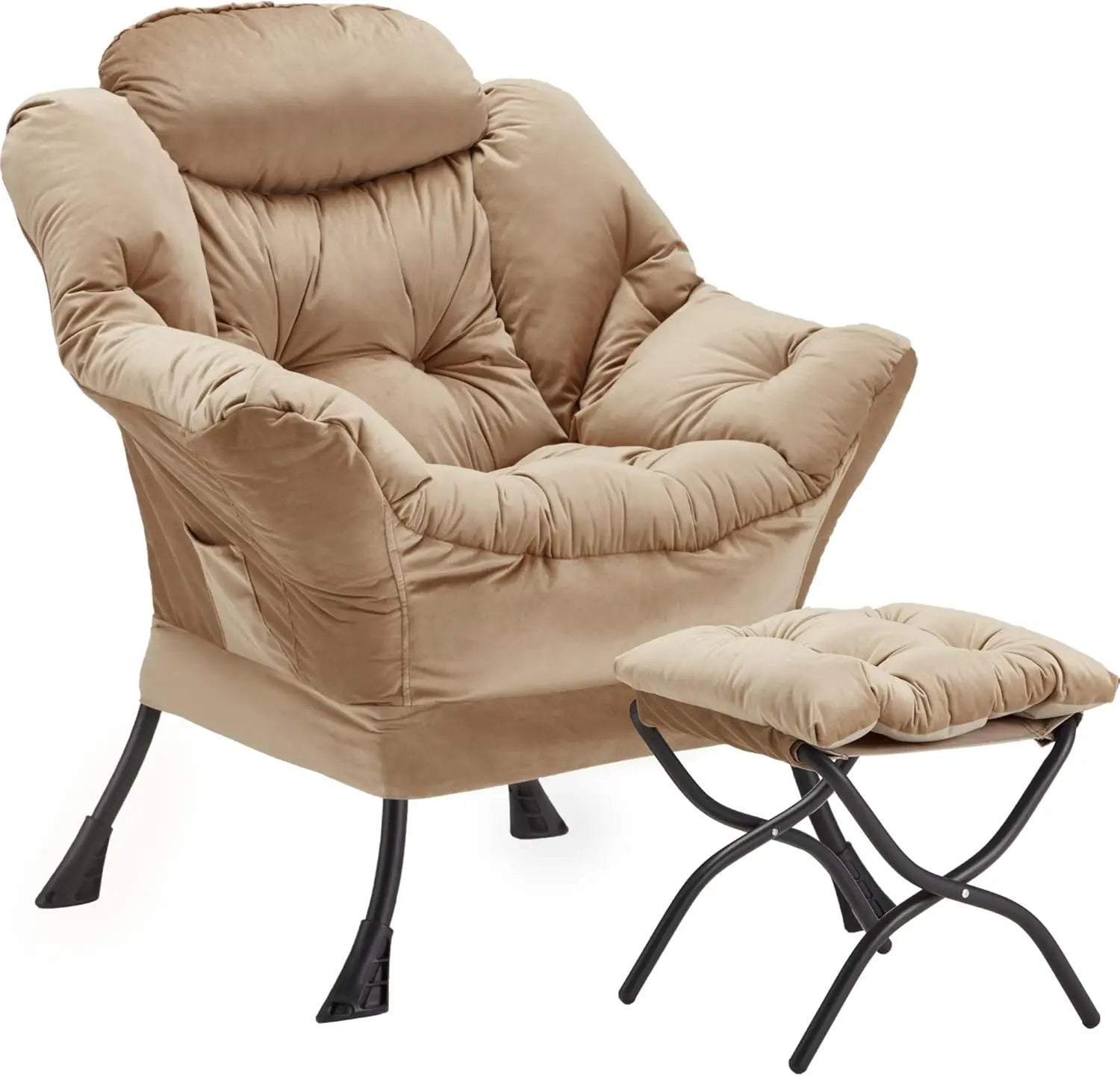 Velvet Lazy Chair with Folding Ottoman Accent Armchair Non-Slip Metal Frame