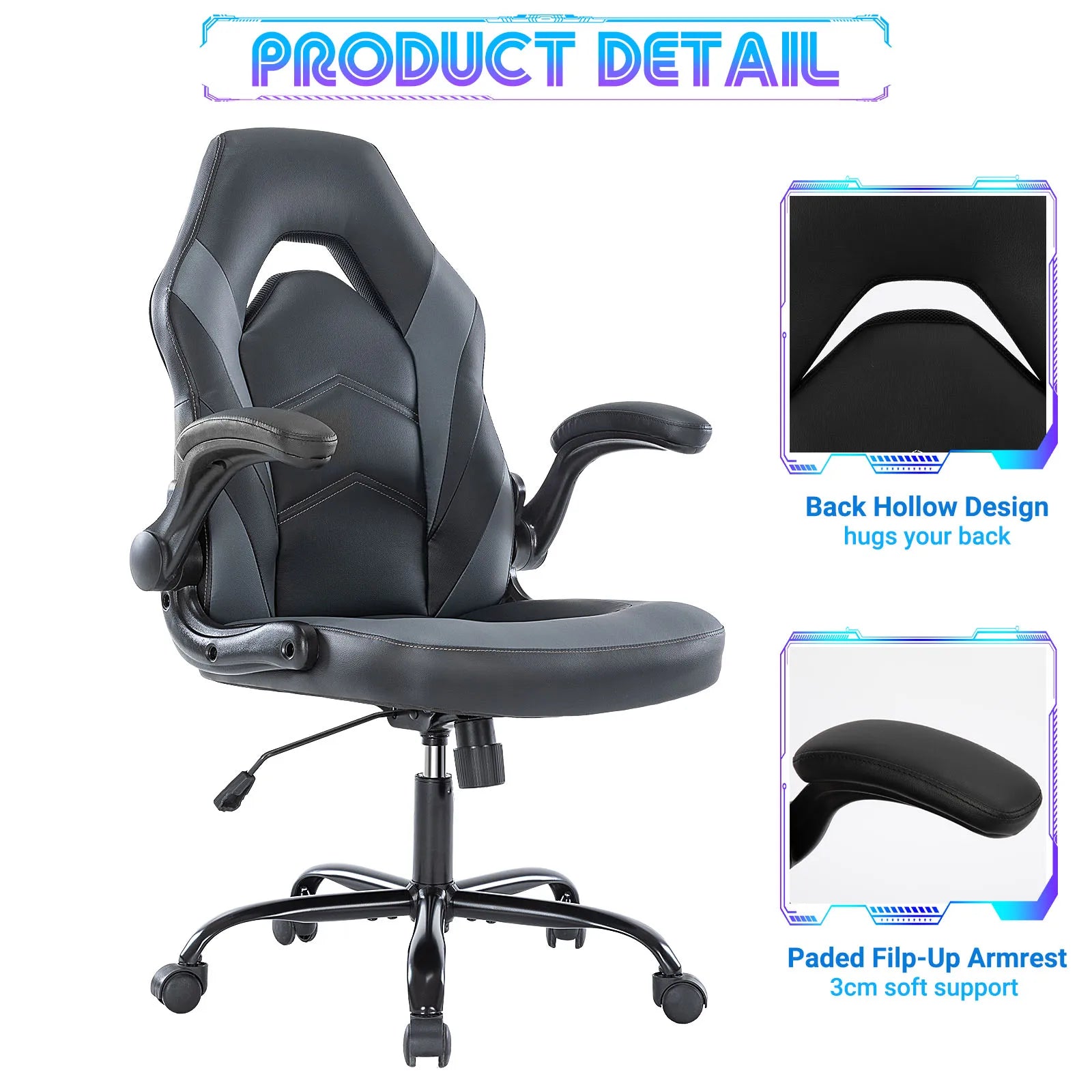 PU Leather Ergonomic Gaming Chair Flip-Up Armrests Adjustable Office Desk