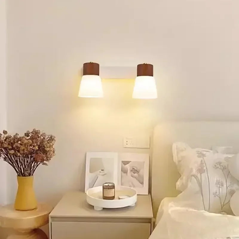 Minimalist Wooden Wall Lamp Double Head Glass Bedside Sconce Bedroom