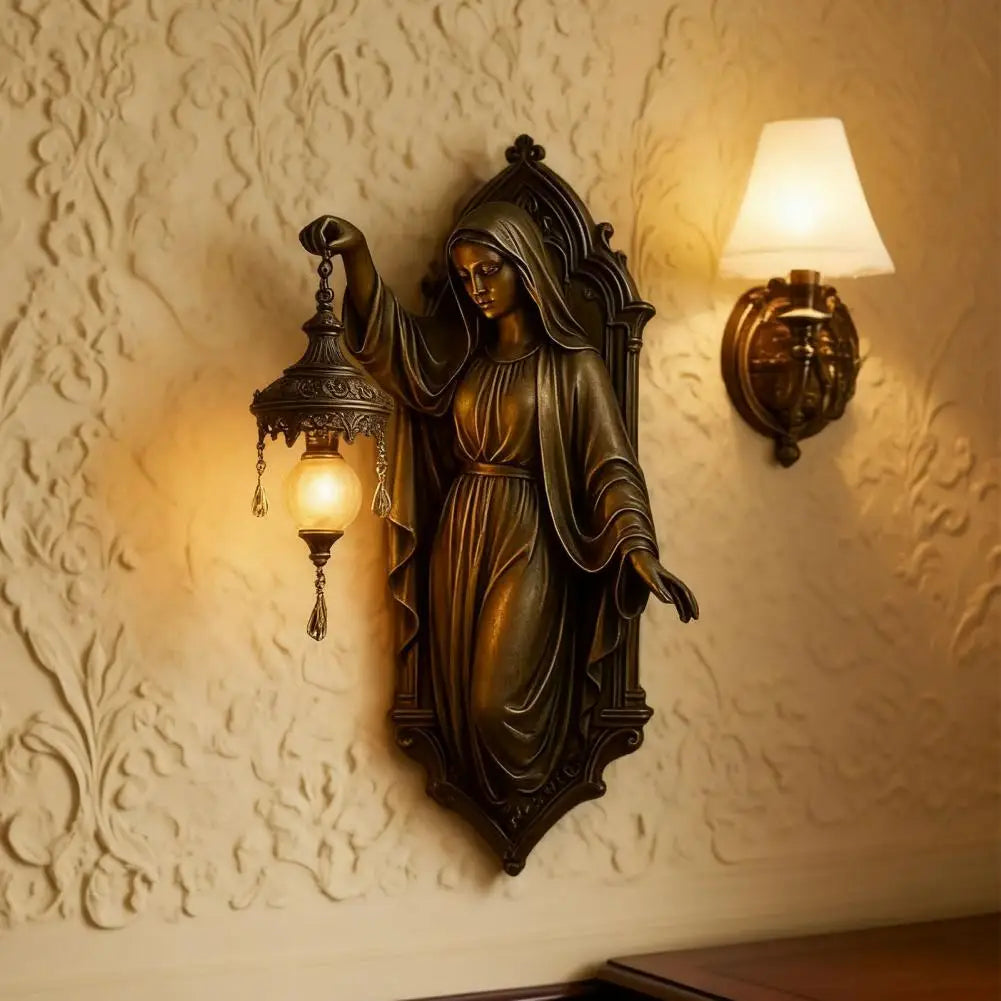 Vintage Mermaid Wall Lamp Resin Virgin Mary Statue Night Light Home Decor