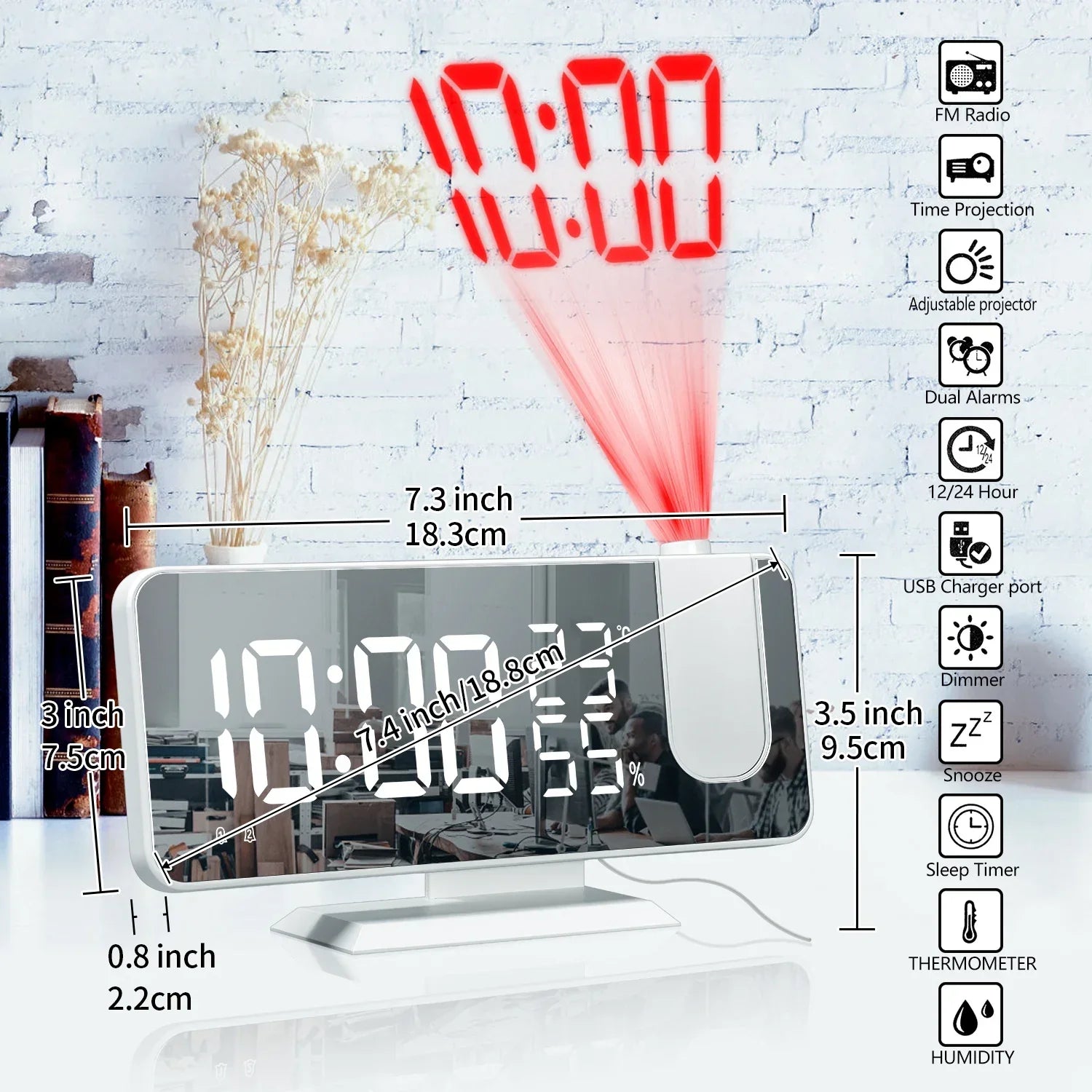 HD Projection Alarm Clock Large LED Display Digital Smart Radio Auto Dimming
