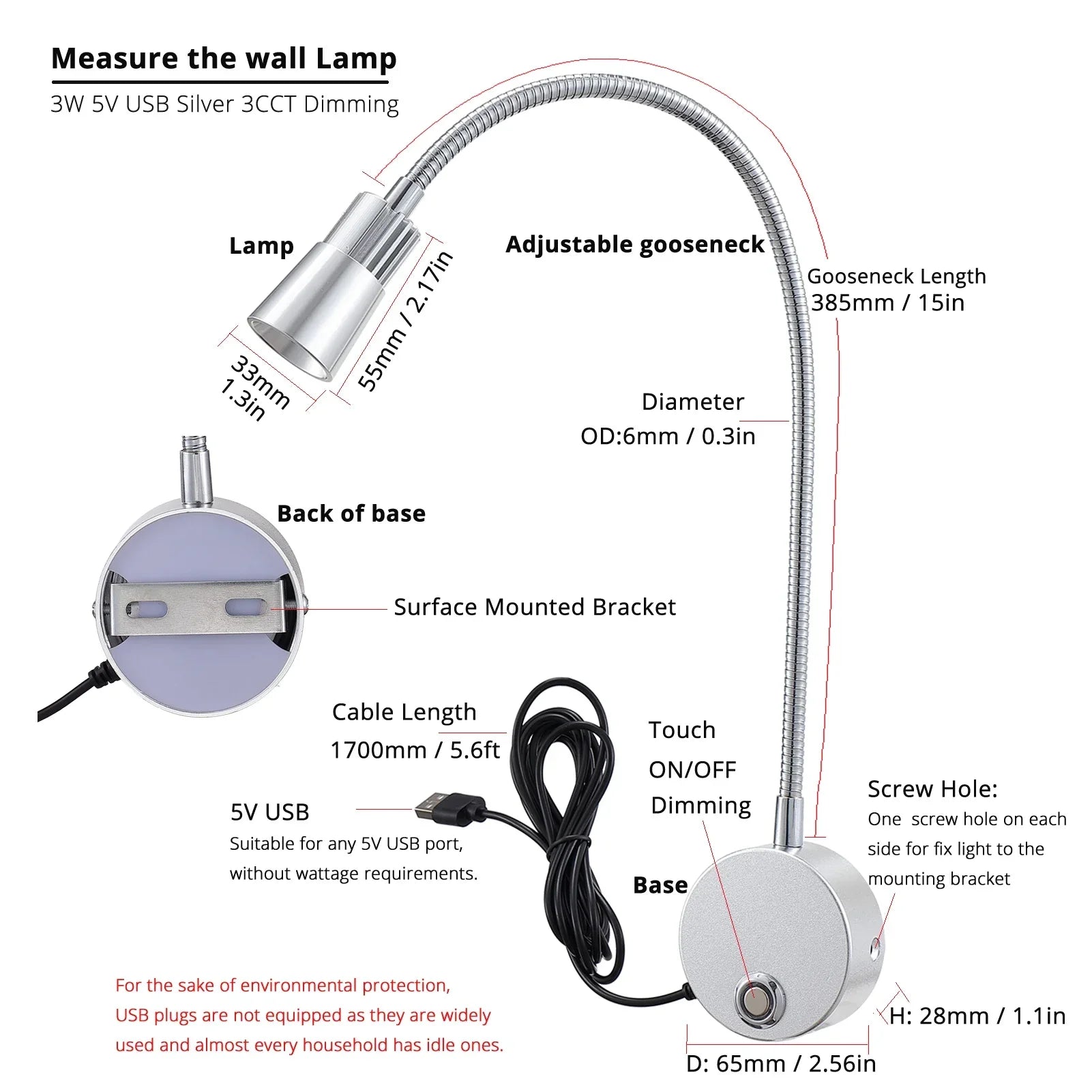 USB Wall Reading Lamp Dimmable Gooseneck Bedside Light 3CCT CRI98