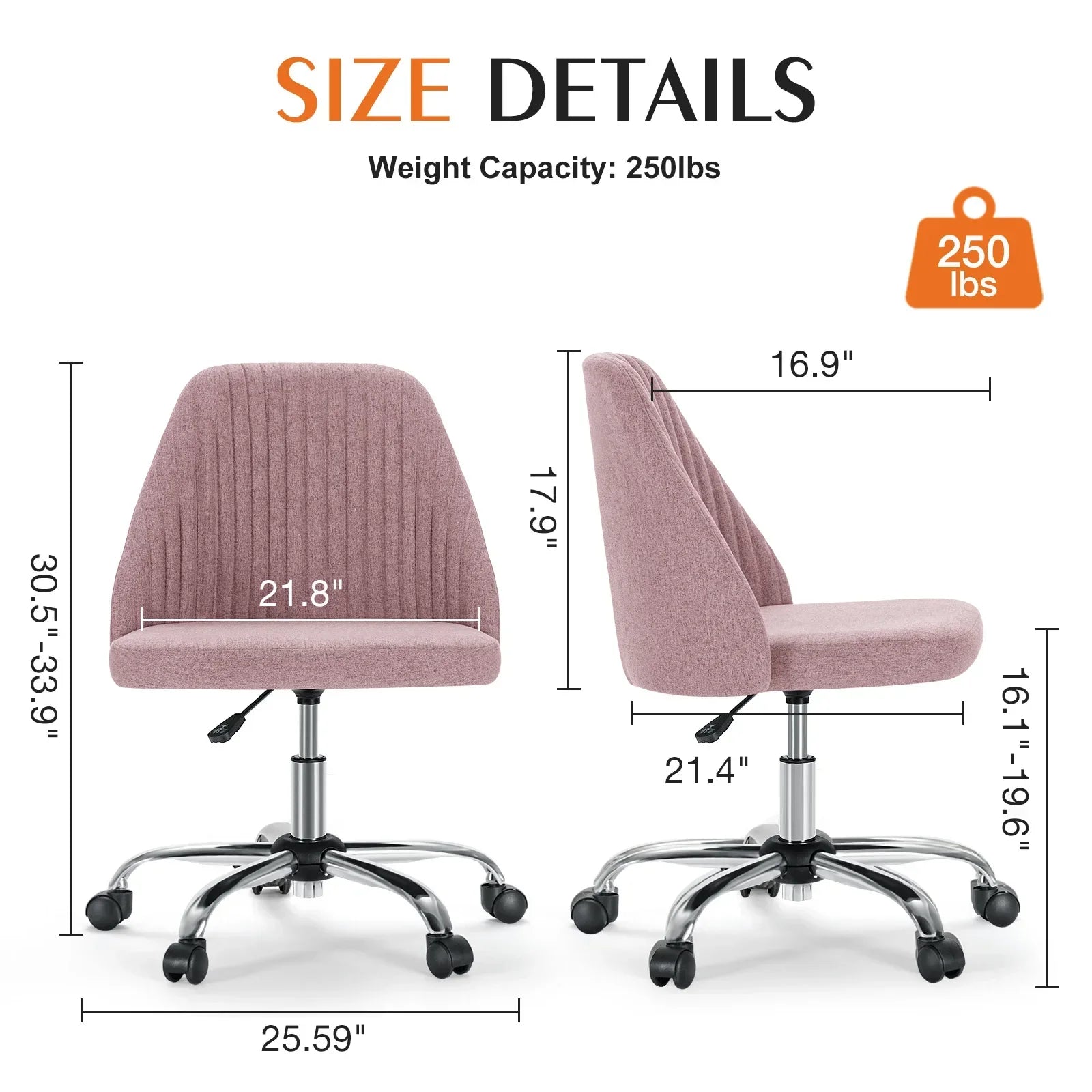 Armless Small Desk Office Chair Swivel Vanity Task Chair with Back and Wheels