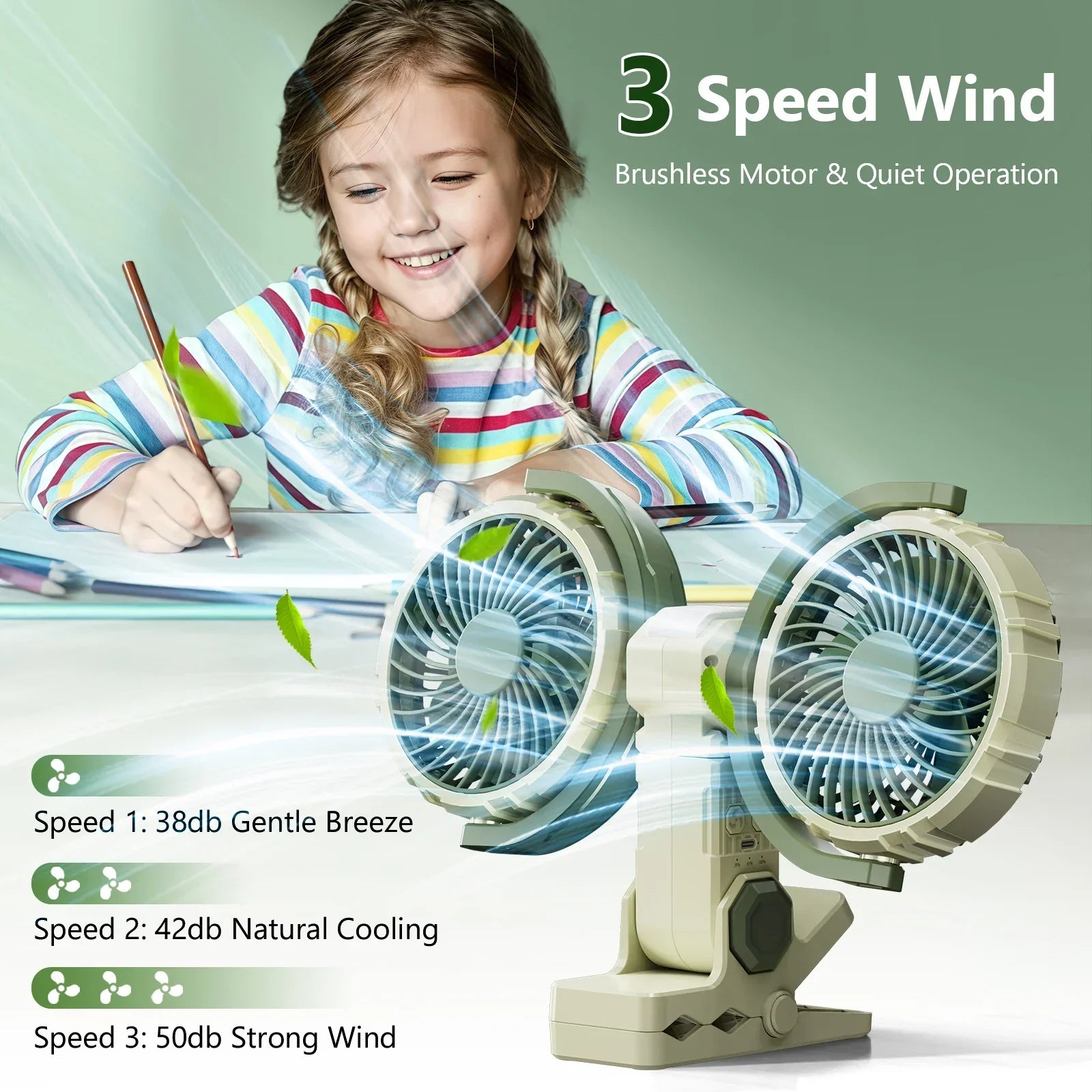 Hipacool Dual Head Car Clip Fan 4000mAh 3-Speed USB
