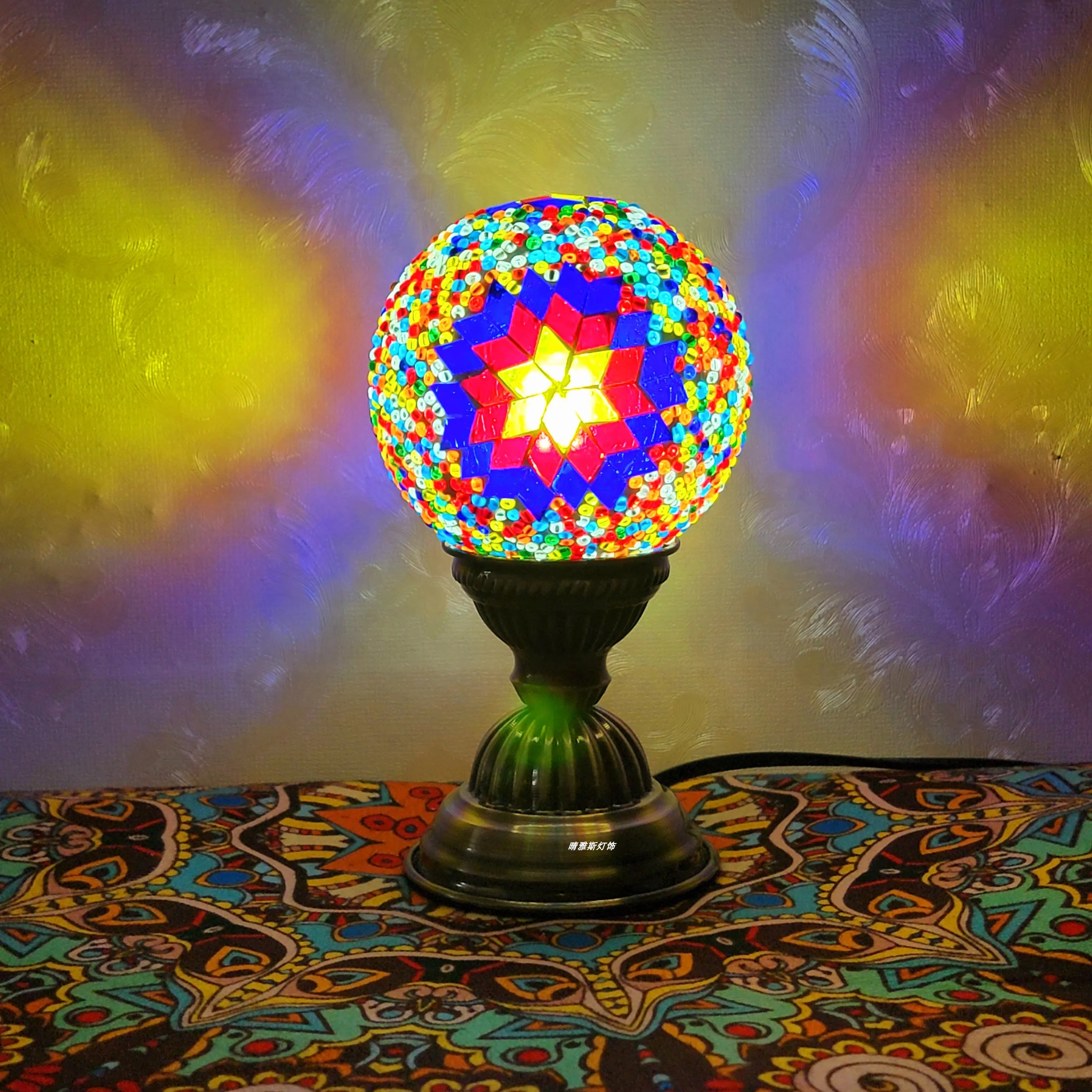 Turkish Mosaic Ball Table Lamp Handcrafted Art Deco Glass Romantic Bedside Light