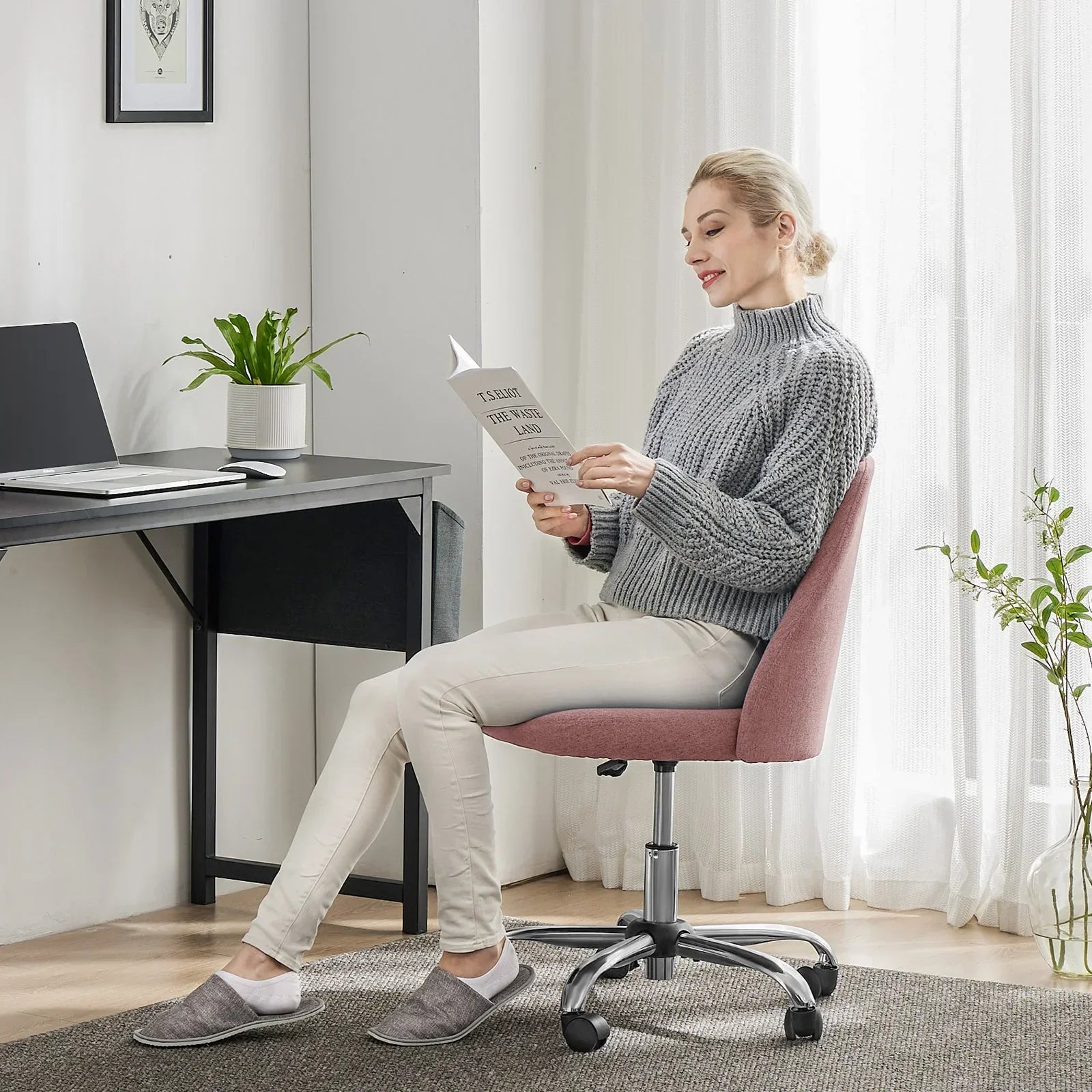 Armless Small Desk Office Chair Swivel Vanity Task Chair with Back and Wheels