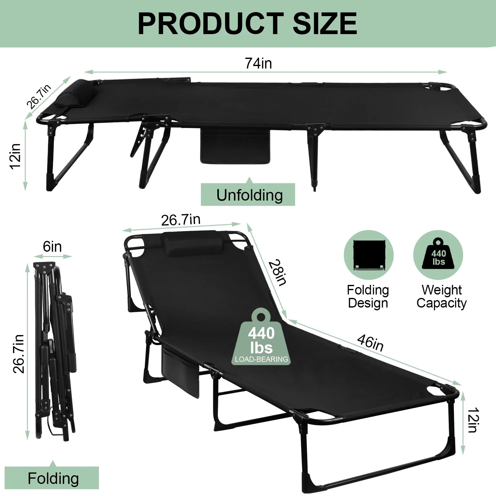 Portable Folding Camping Cot Adjustable Reclining Lounge Chair with Pillow