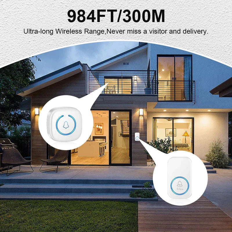 Wireless Doorbell Long Range 300M Smart Door Chime with 60 Melodies Plug-In Receiver
