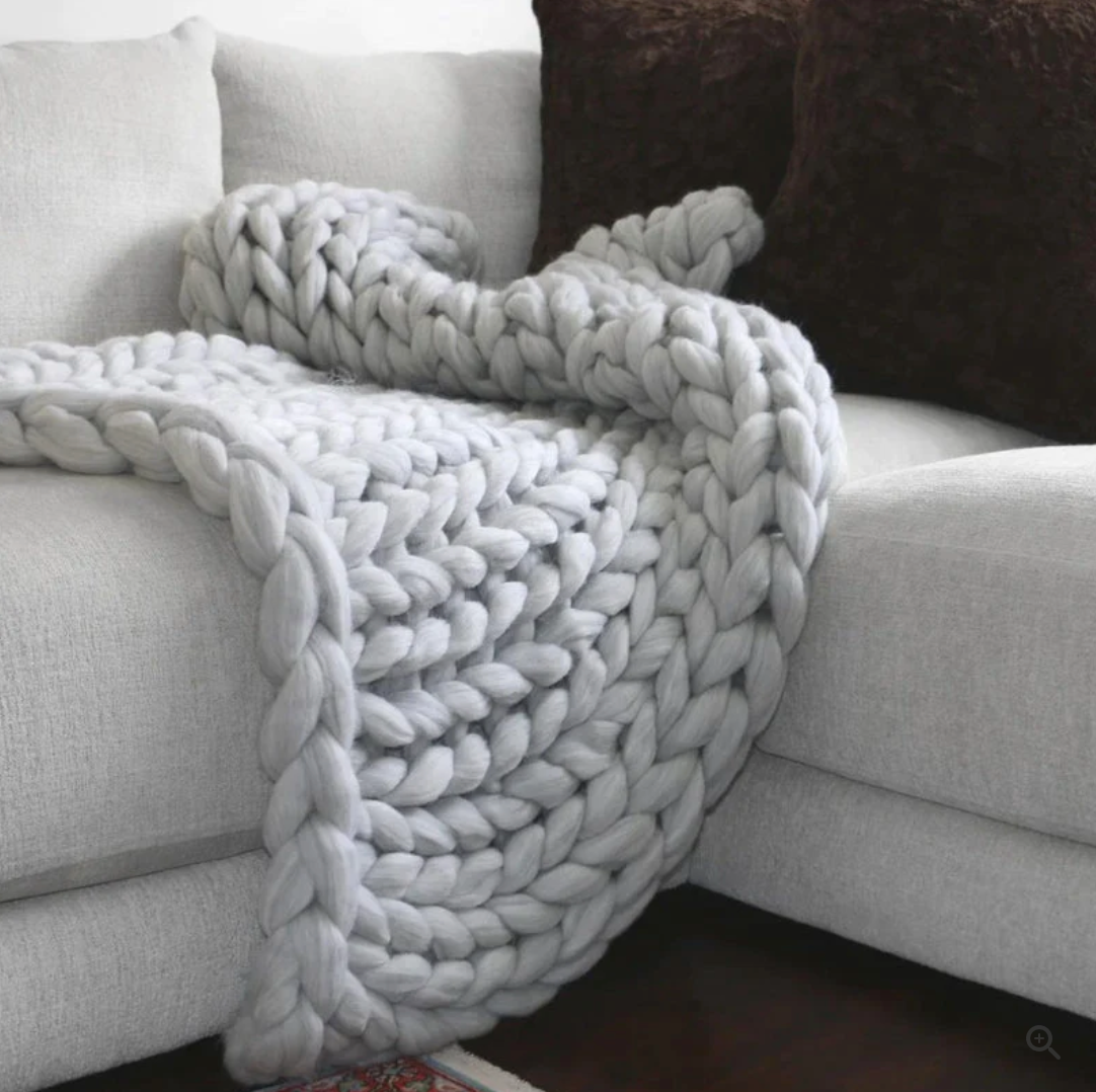 Hand Knitted Merino Wool Blanket Soft Chunky Throw All Season Cozy