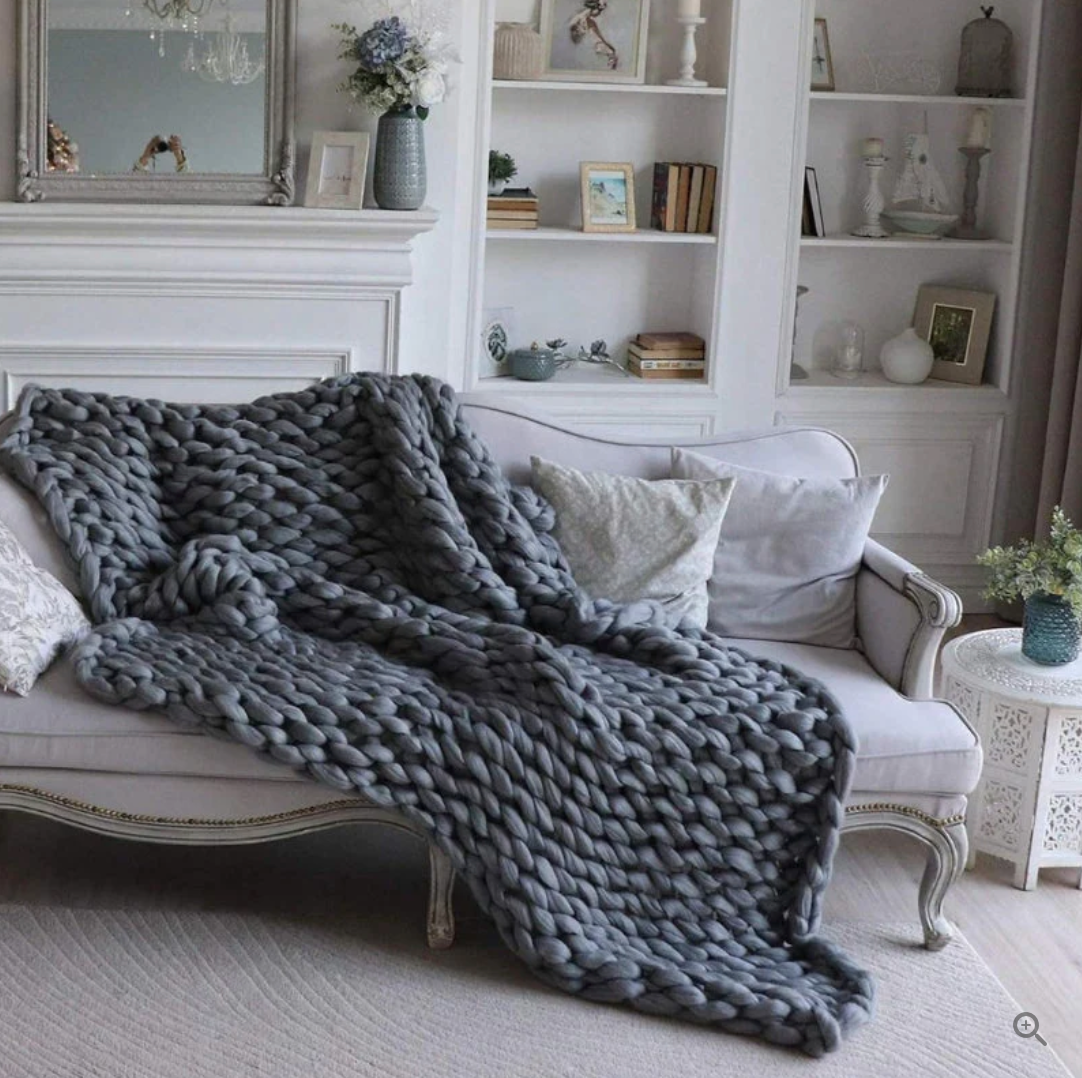 Hand Knitted Merino Wool Blanket Soft Chunky Throw All Season Cozy