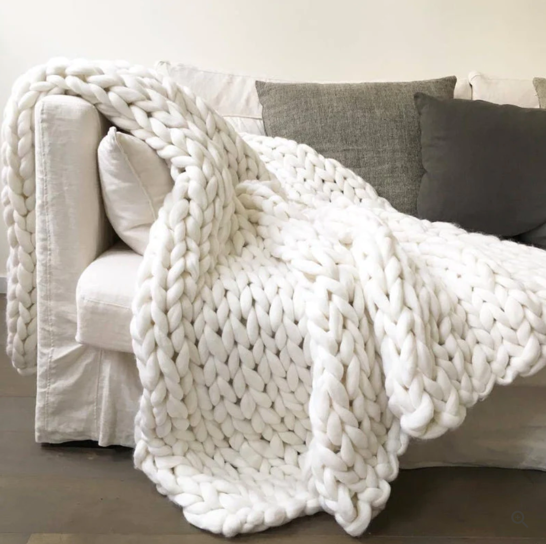Hand Knitted Merino Wool Blanket Soft Chunky Throw All Season Cozy