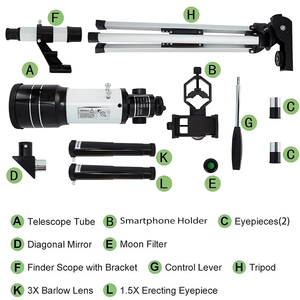 150X Astronomical Telescope 70mm Aperture Portable Refractor with Phone Adapter