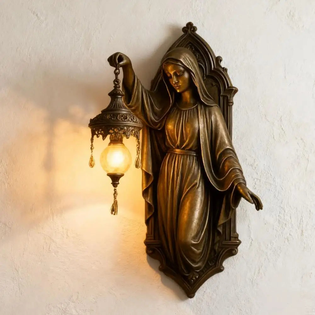 Vintage Mermaid Wall Lamp Resin Virgin Mary Statue Night Light Home Decor