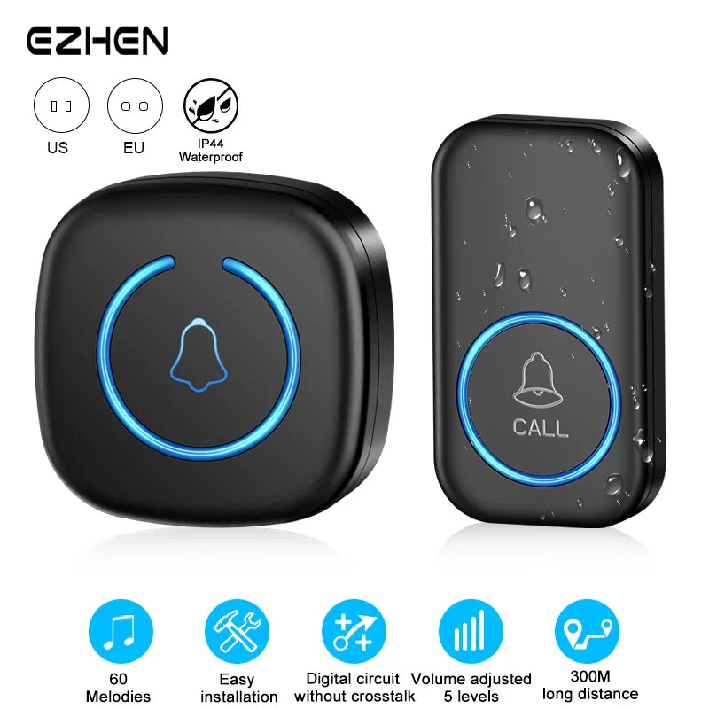 Wireless Doorbell Long Range 300M Smart Door Chime with 60 Melodies Plug-In Receiver