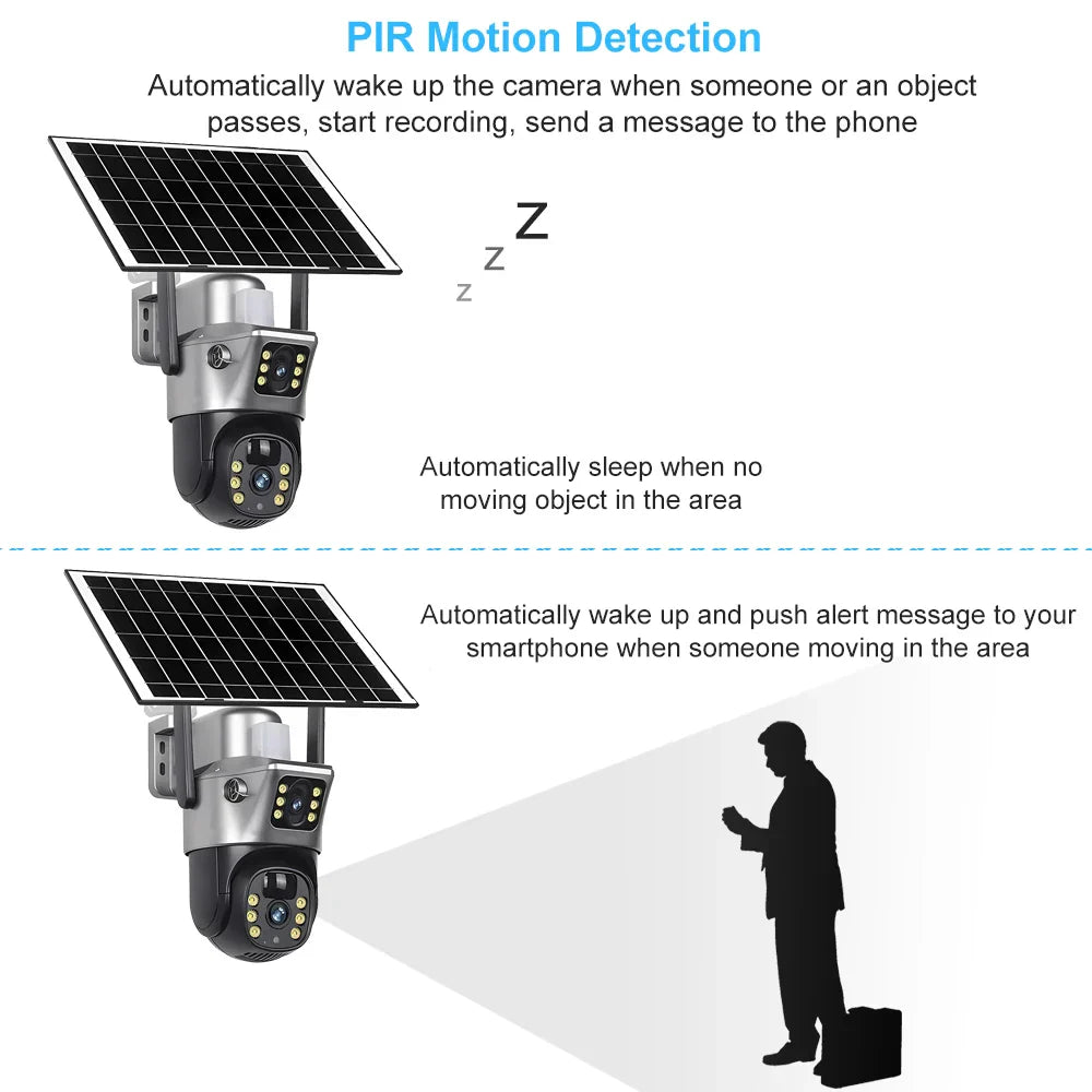 4G WiFi Solar Security Camera Dual Lens 8MP 4K PIR Night Vision Outdoor CCTV